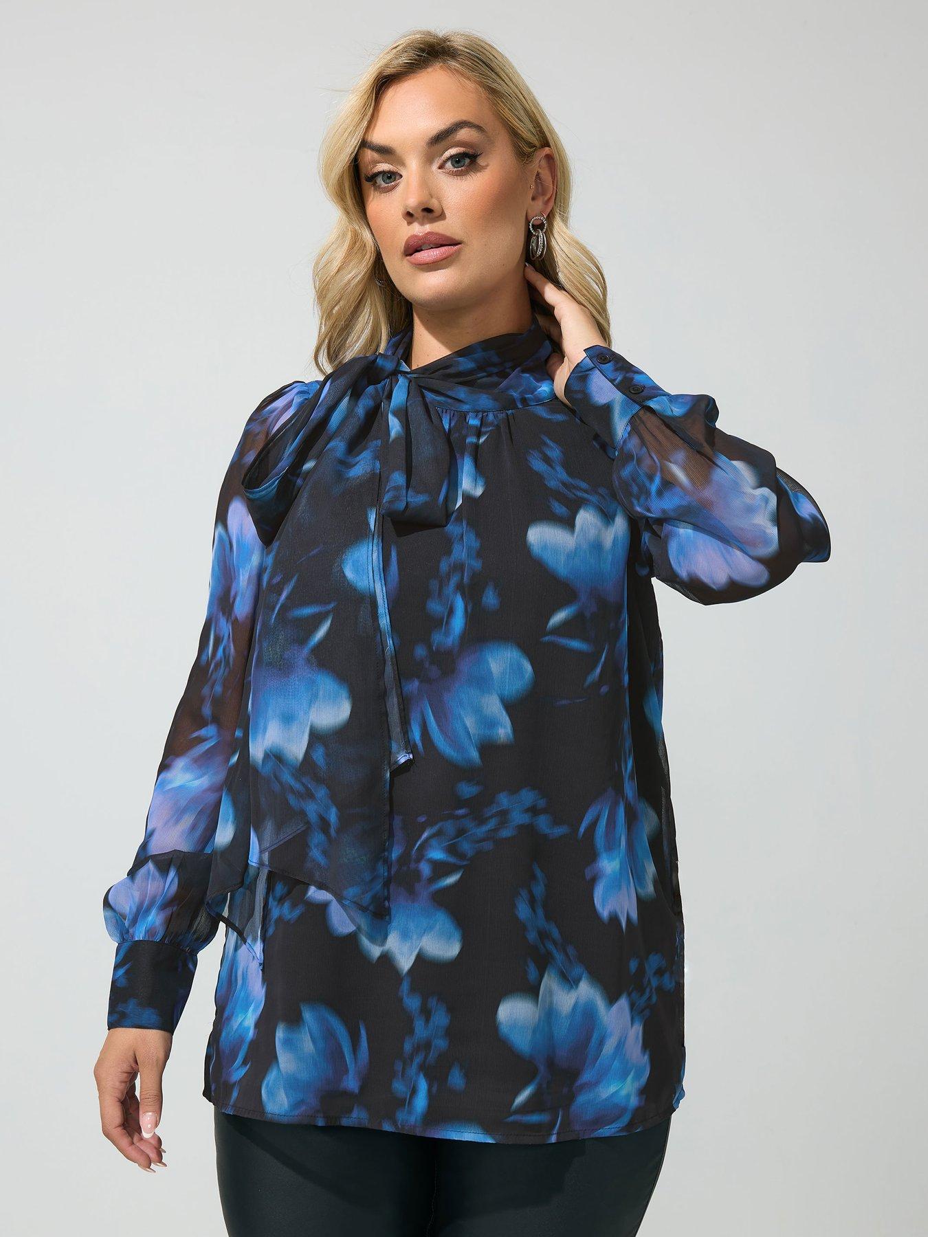 Yours Curve Blurred Floral Bow Blouse - Black