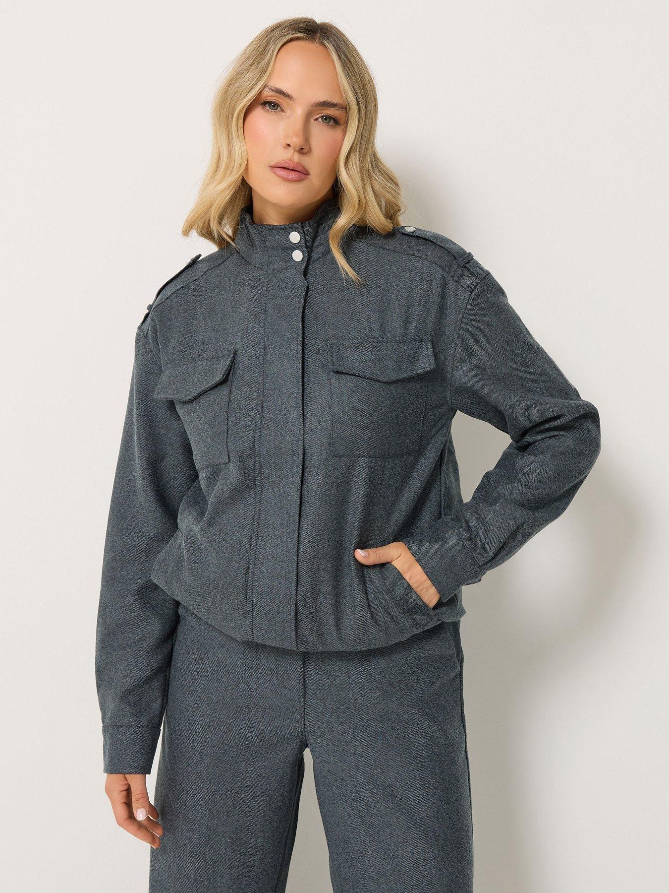 Long Tall Sally Herringbone Funnel Jacket - Grey