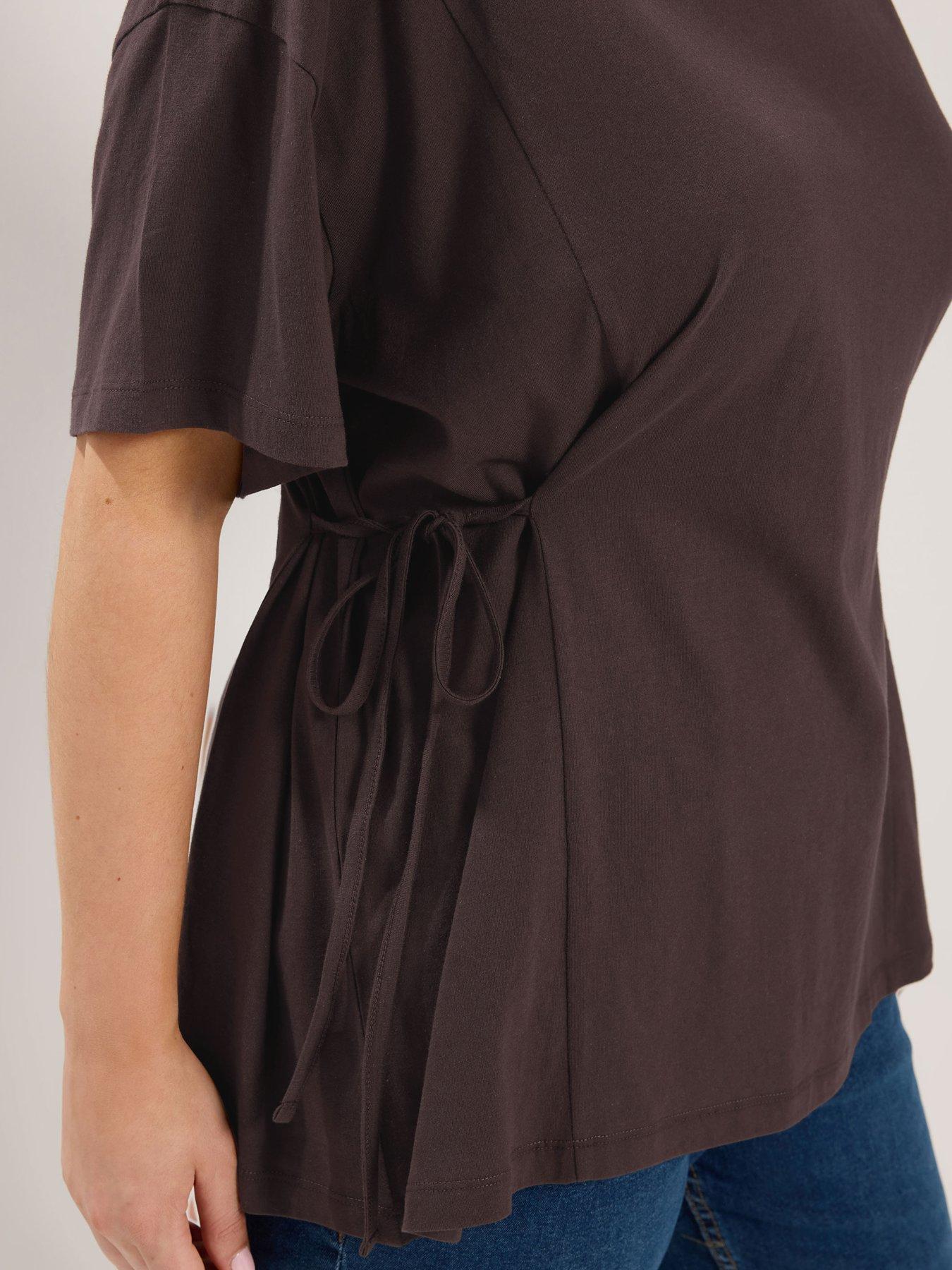 Image 4 of 4 of Yours Curve Tie Side T-Shirt - Brown