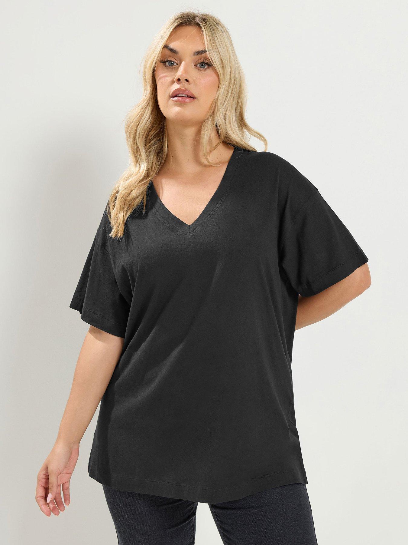 Yours Curve Relaxed Longline V-Neck T-Shirt - Black