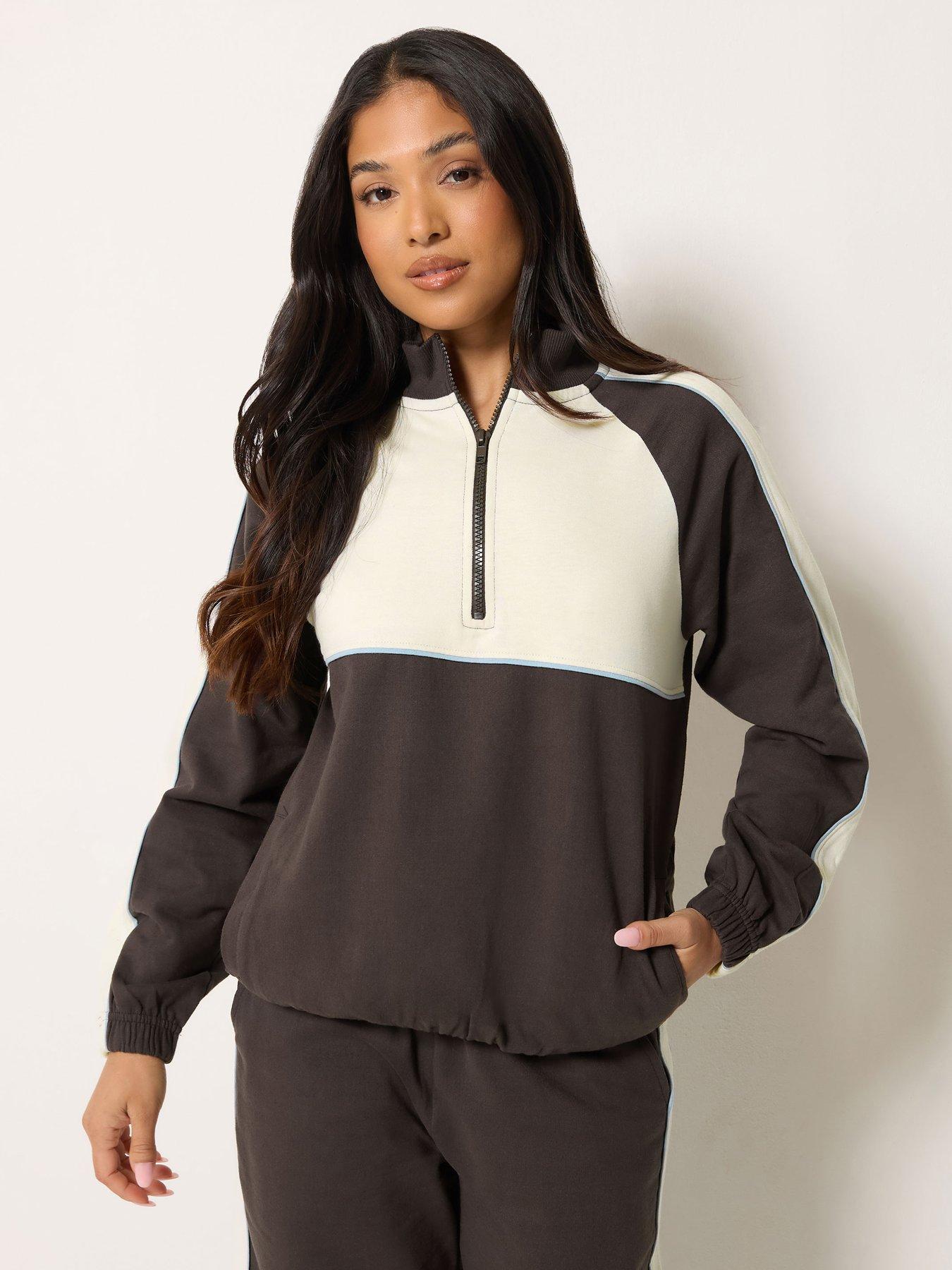 PixieGirl Petite Colourblock Zip Sweatshirt - Brown