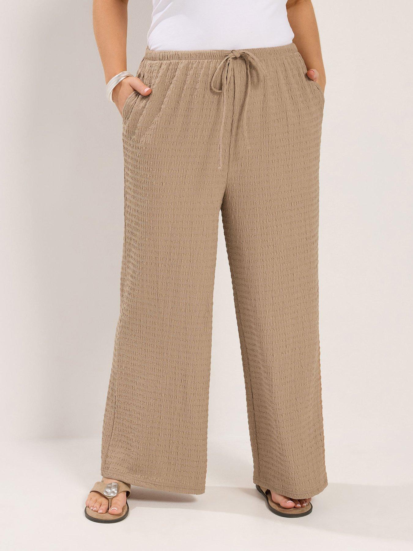 Yours Curve Wide Leg Textured 28" Trousers- Cream