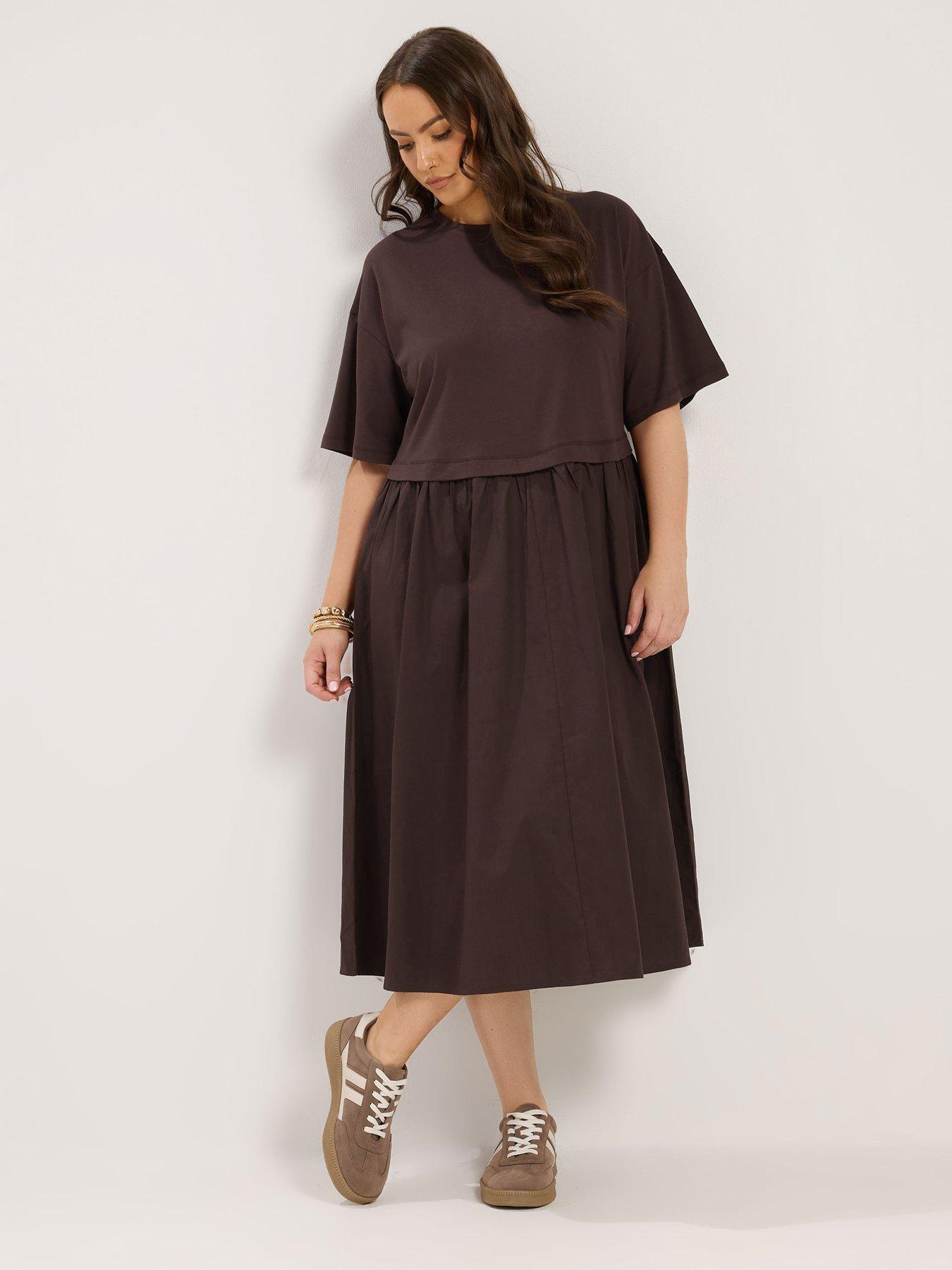Yours YOURS Curve 2-In-1 Poplin Midi Dress - Chocolate Brown