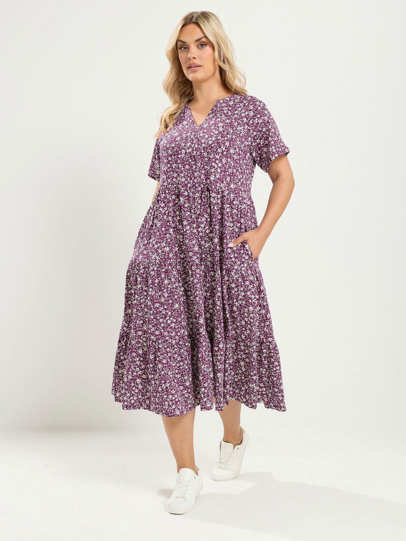 Yours Curve Cotton Tierred Dress - Purple