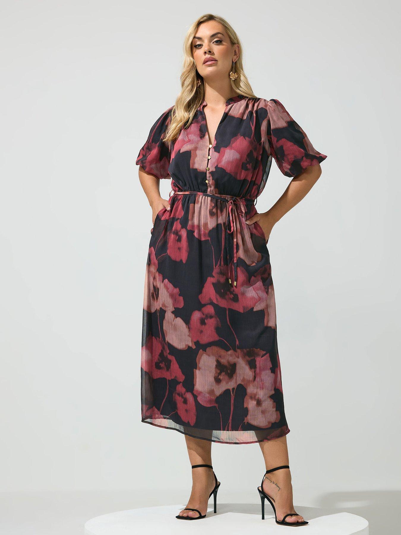 Yours Curve Puff Sleeve Dress - Red
