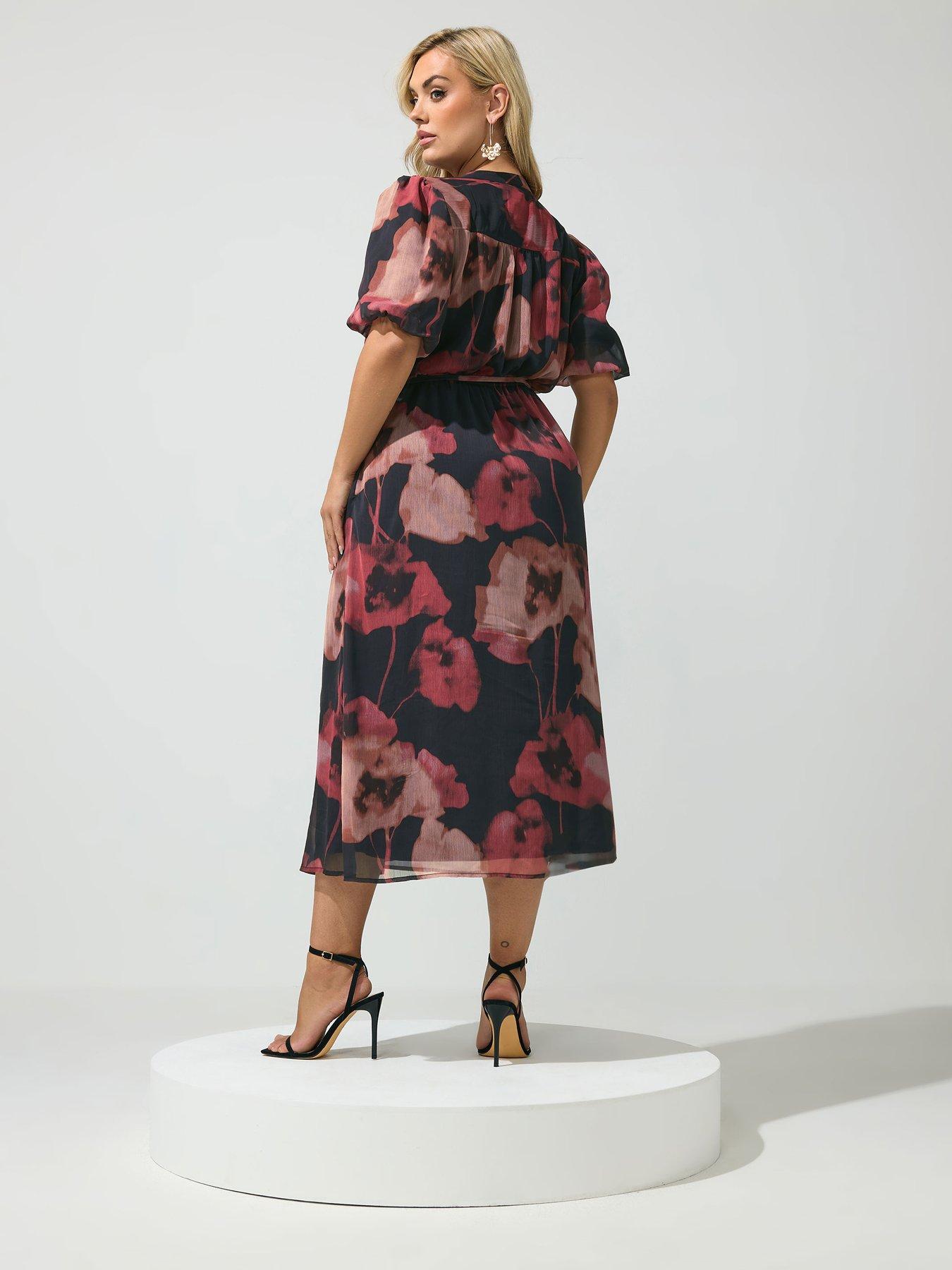 Image 2 of 4 of Yours Curve Puff Sleeve Dress - Red