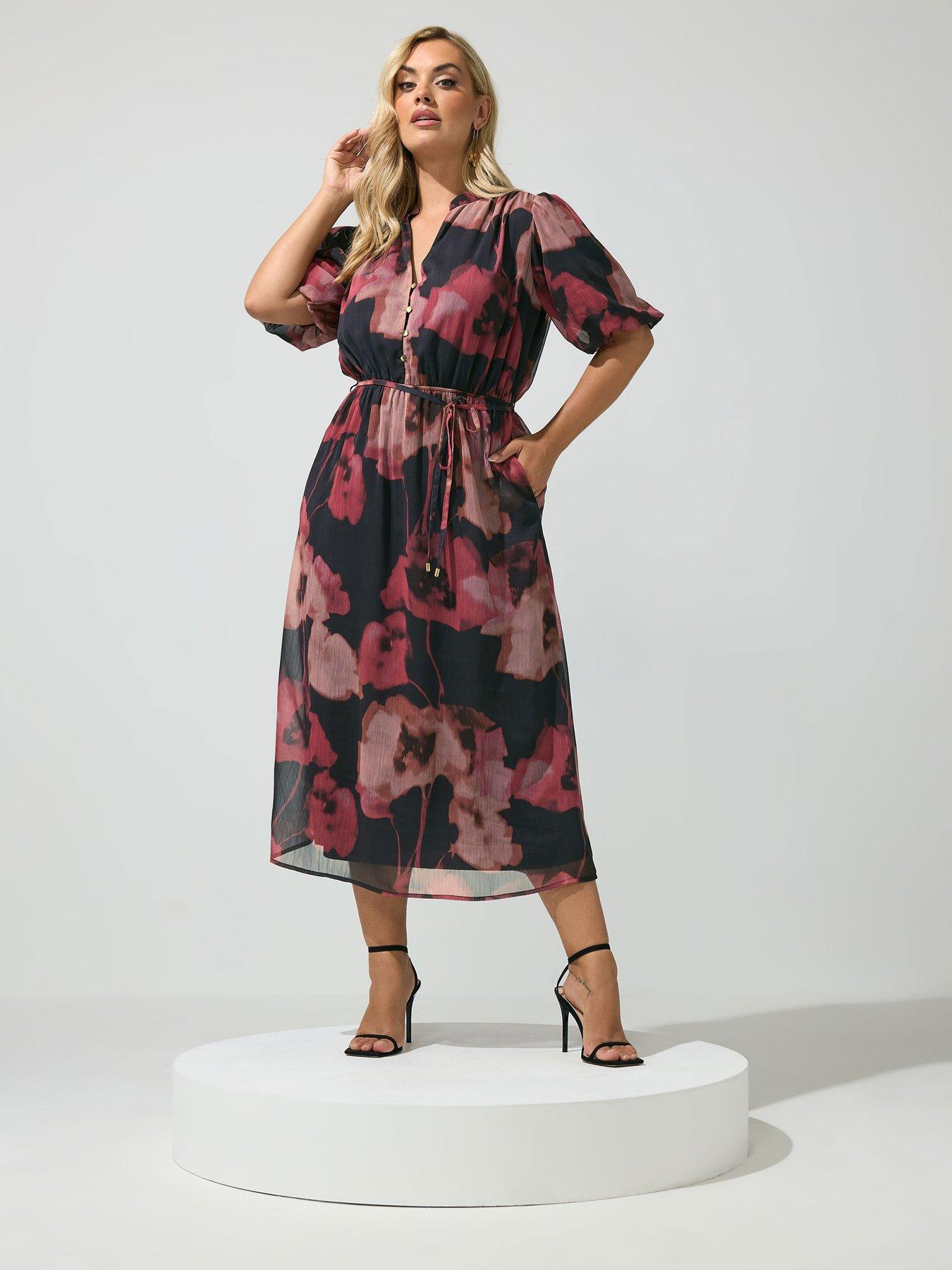 Image 3 of 4 of Yours Curve Puff Sleeve Dress - Red