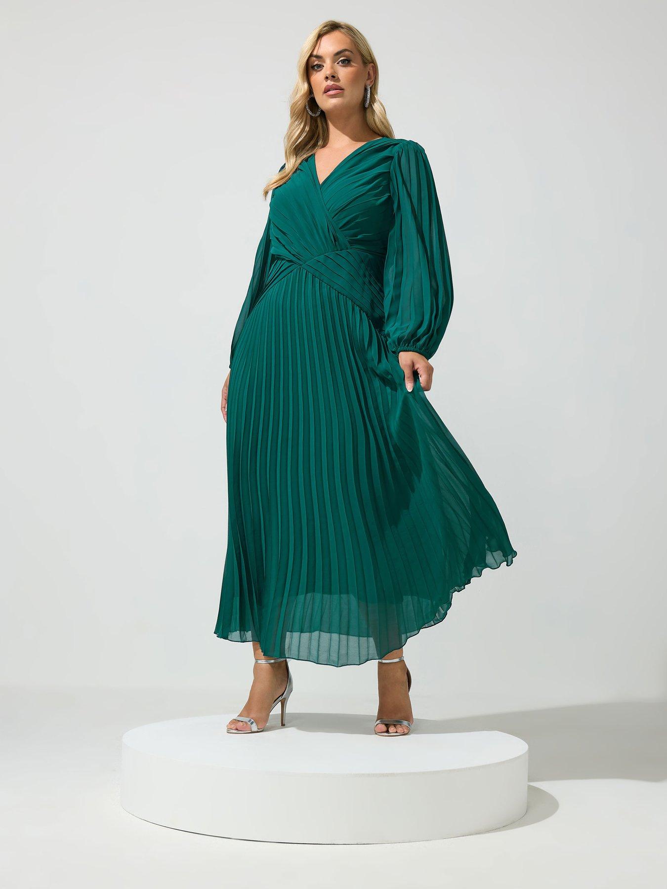 Yours Curve Pleat Long Sleeve Dress - Green