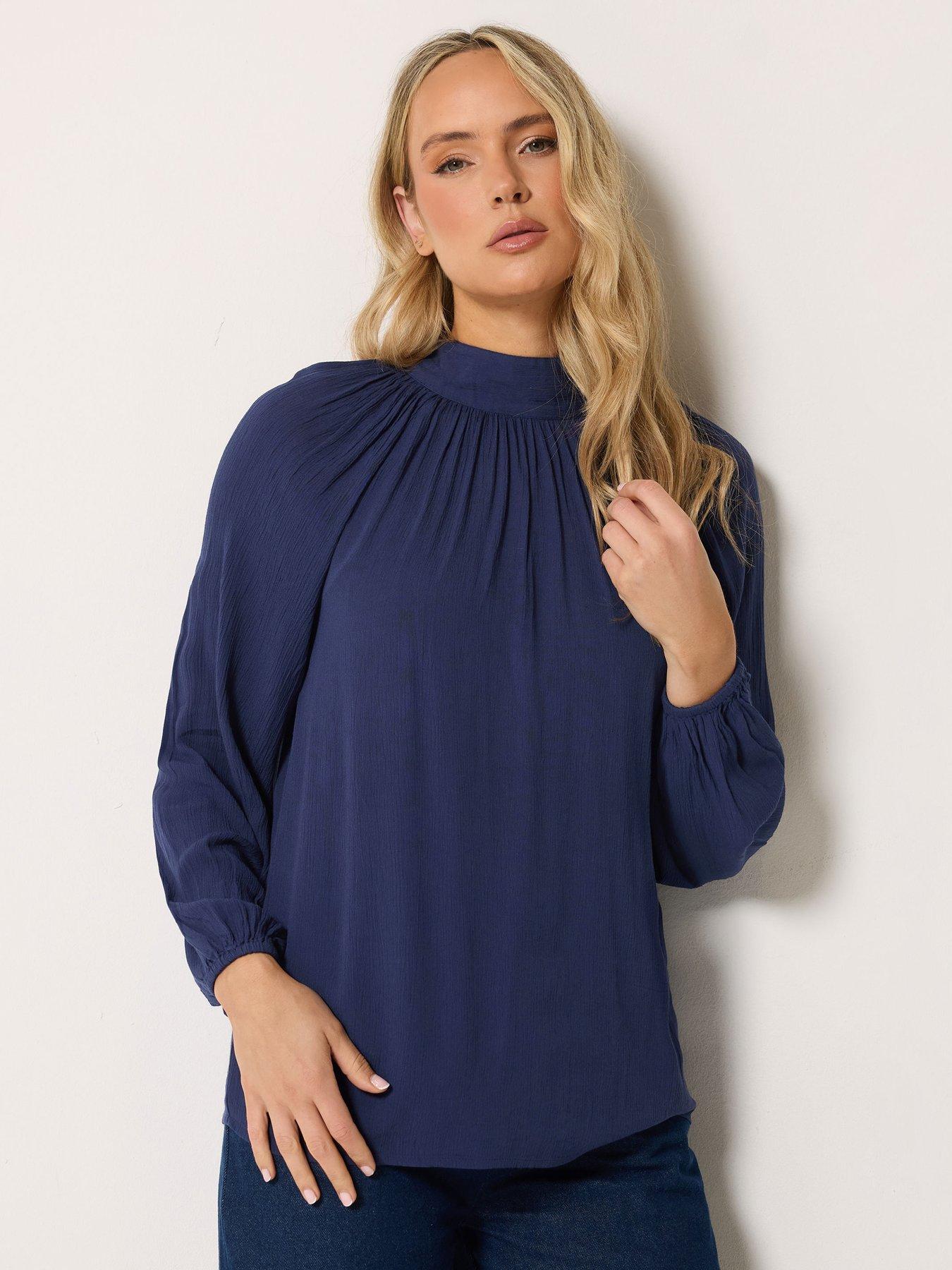 Long Tall Sally Tie Neck Crinkle Blouse - Blue