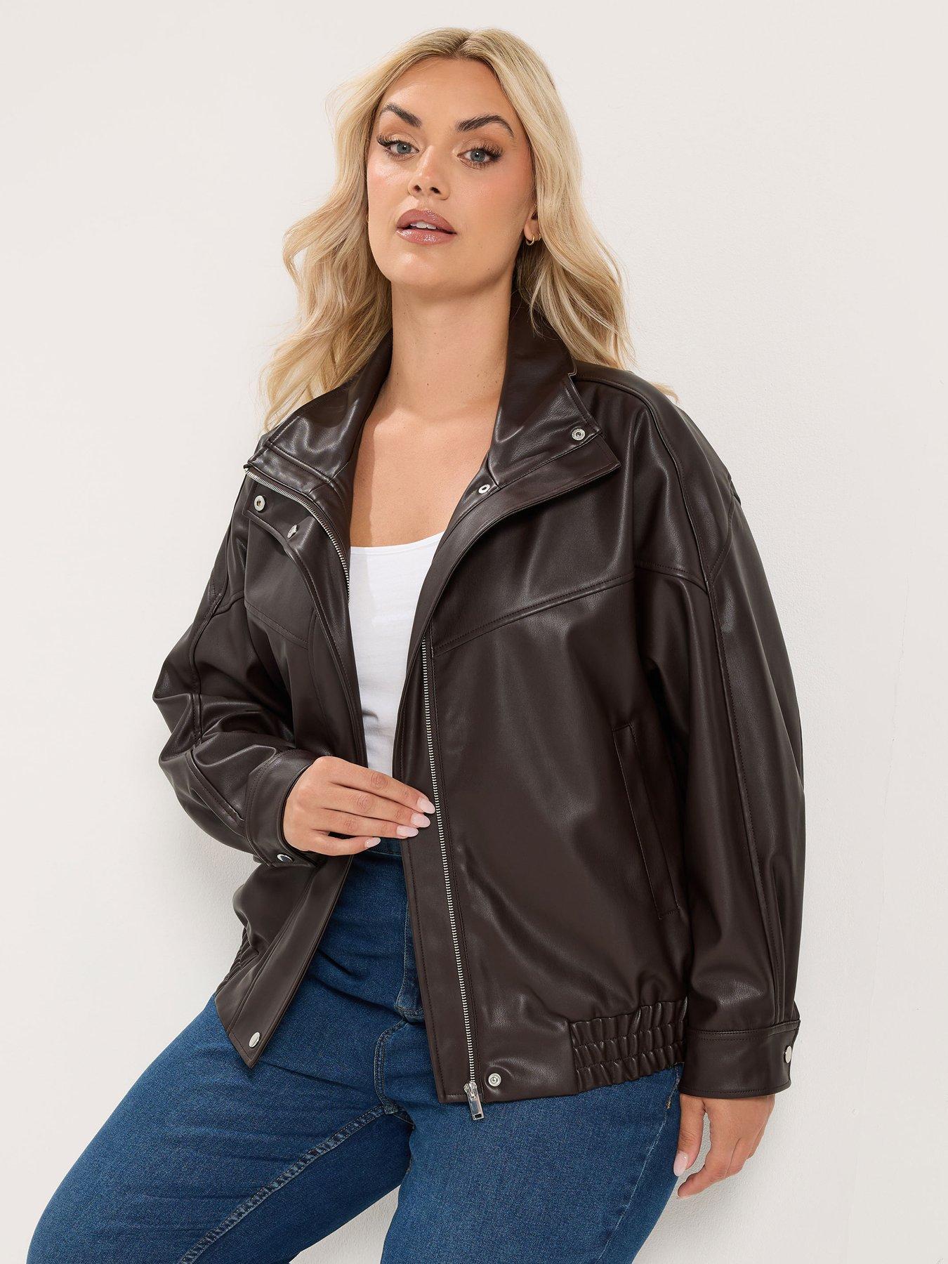 Yours Curve Funnel Neck Pu Jacket - Brown