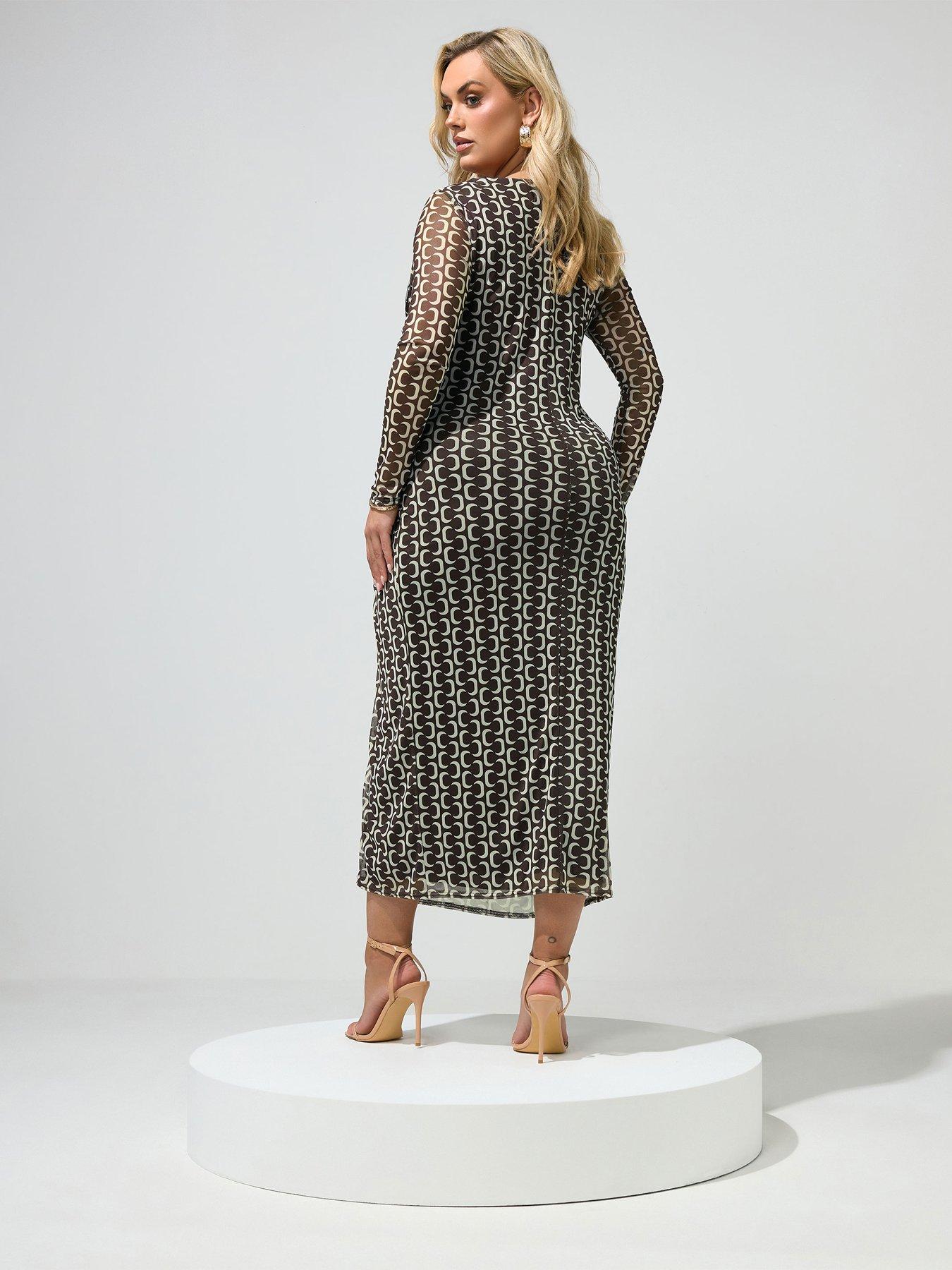 Image 2 of 4 of Yours Yours Curve Mesh Side Twist Dress - Brown