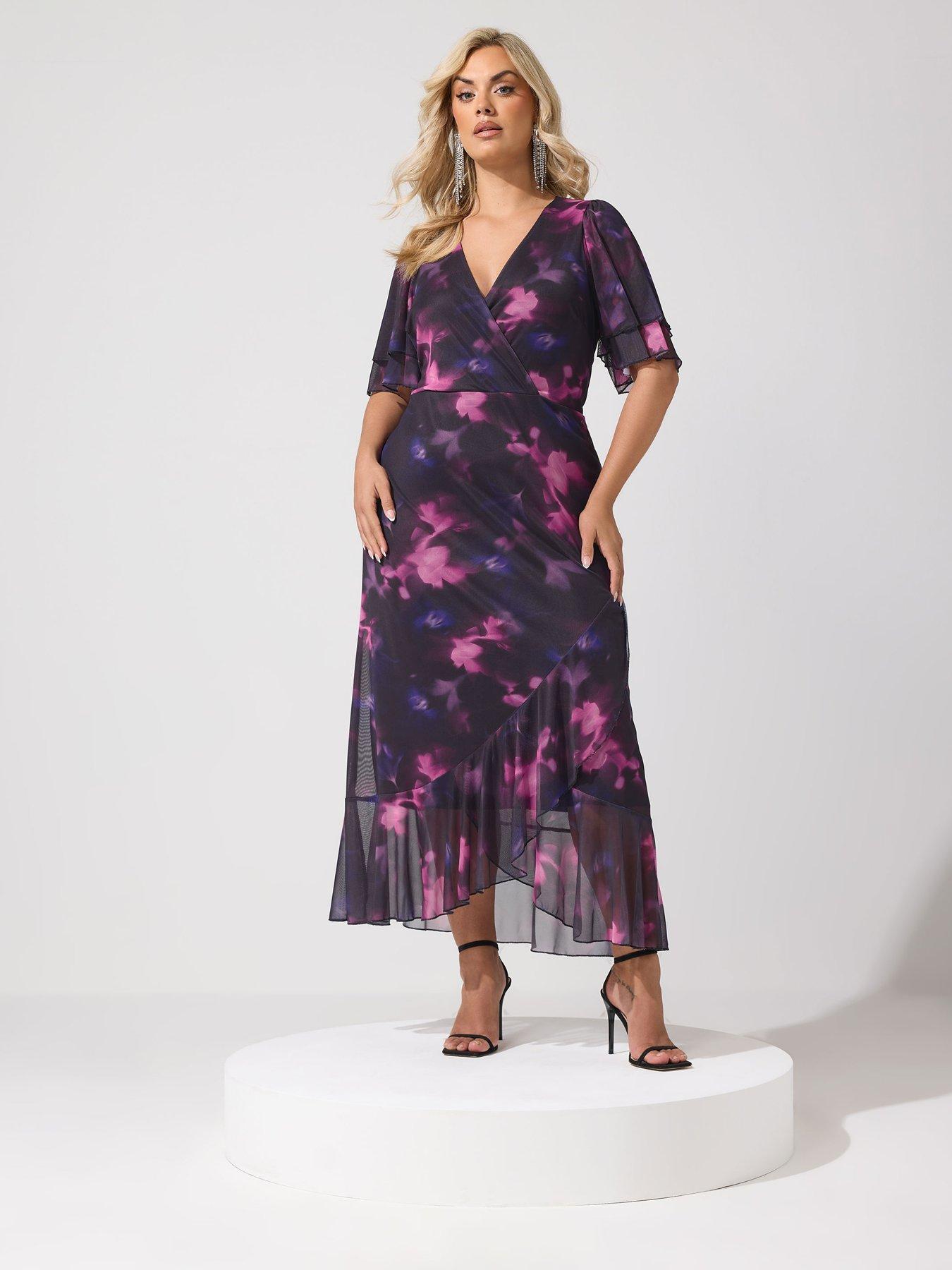 Yours YOURS LONDON Curve Abstract Wrap Ruffle Hem Dress - Purple