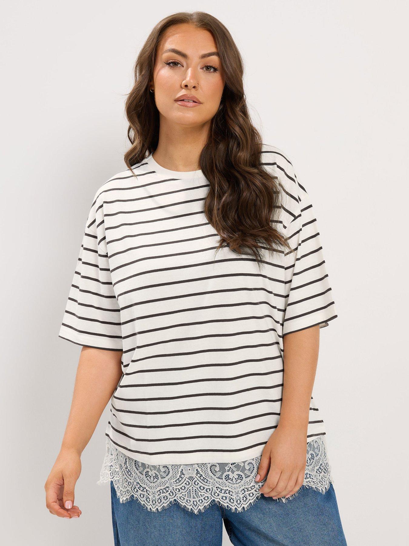 Yours YOURS Curve Stripe Lace Hem T-Shirt - Ivory White