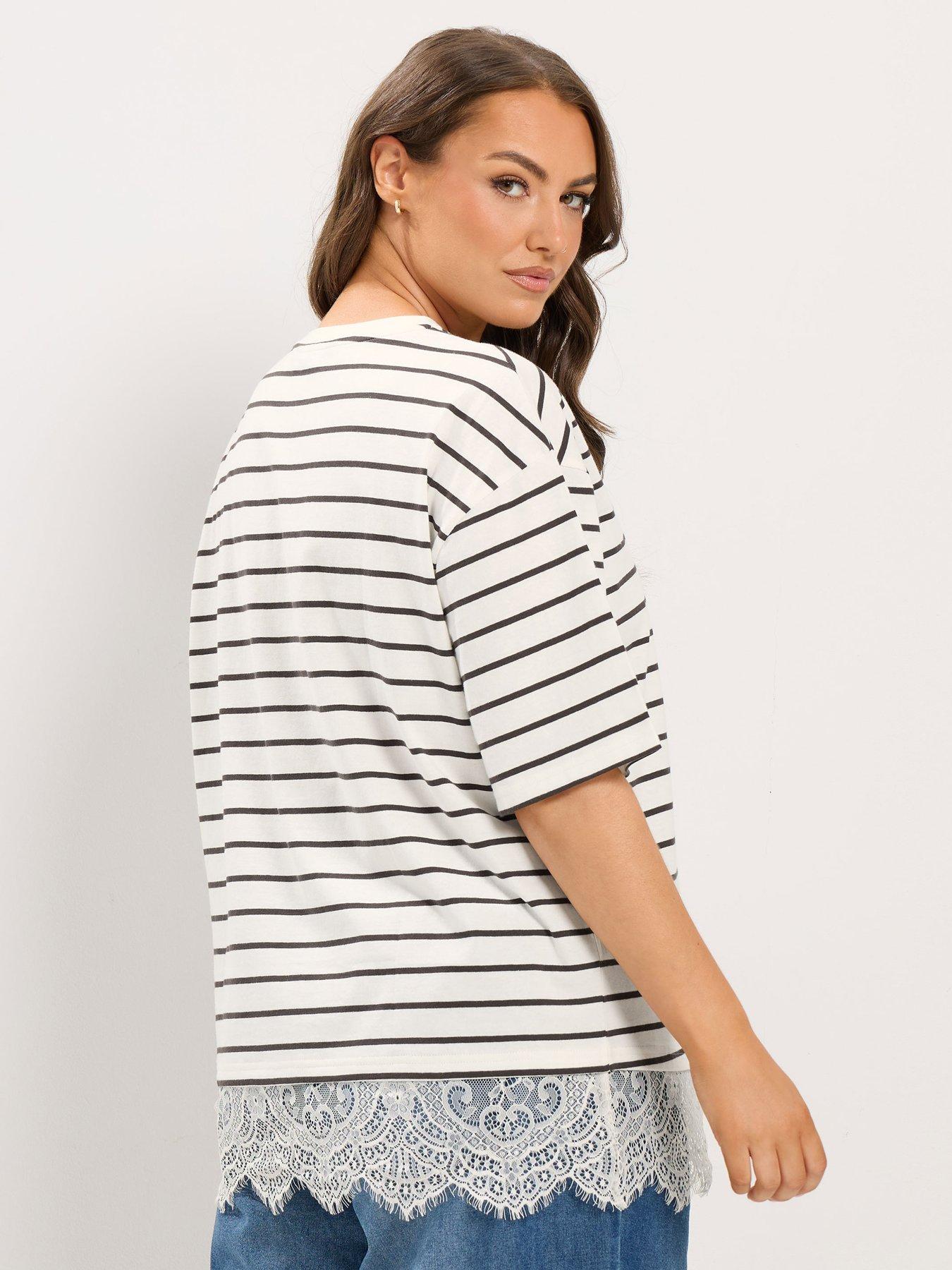 Image 2 of 4 of Yours YOURS Curve Stripe Lace Hem T-Shirt - Ivory White