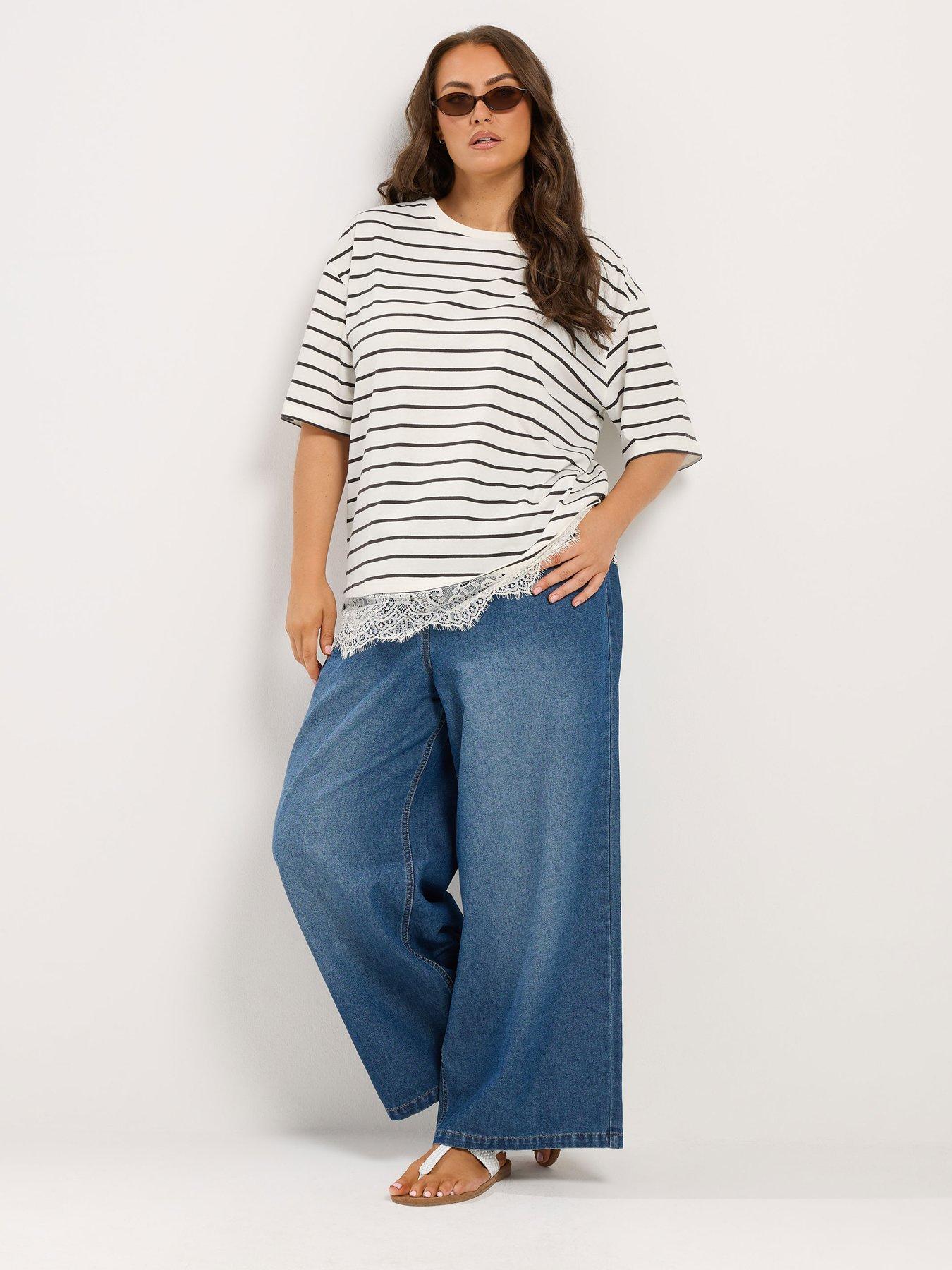 Image 3 of 4 of Yours YOURS Curve Stripe Lace Hem T-Shirt - Ivory White