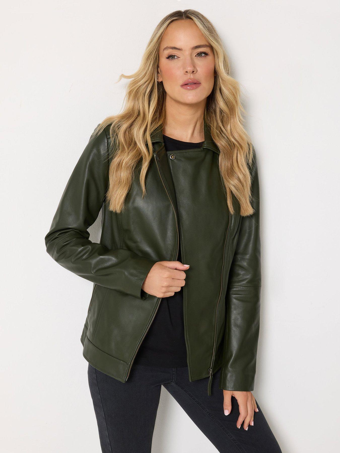 Long Tall Sally LTS PREMIUM Tall Leather Biker Jacket - Olive Green