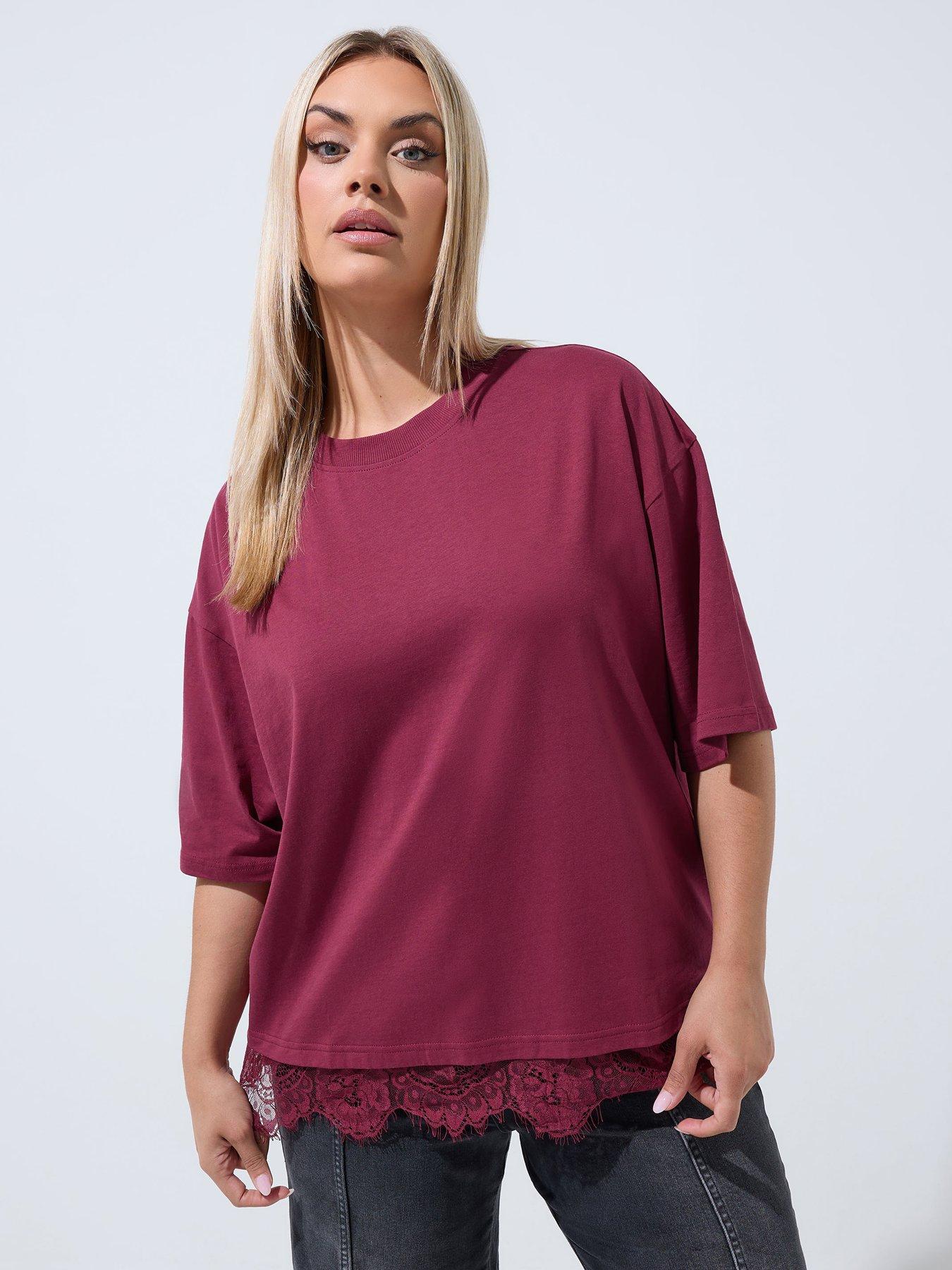 Image 1 of 4 of Yours LIMITED COLLECTION Curve Oversized Lace Hem T-Shirt - Burgundy Red