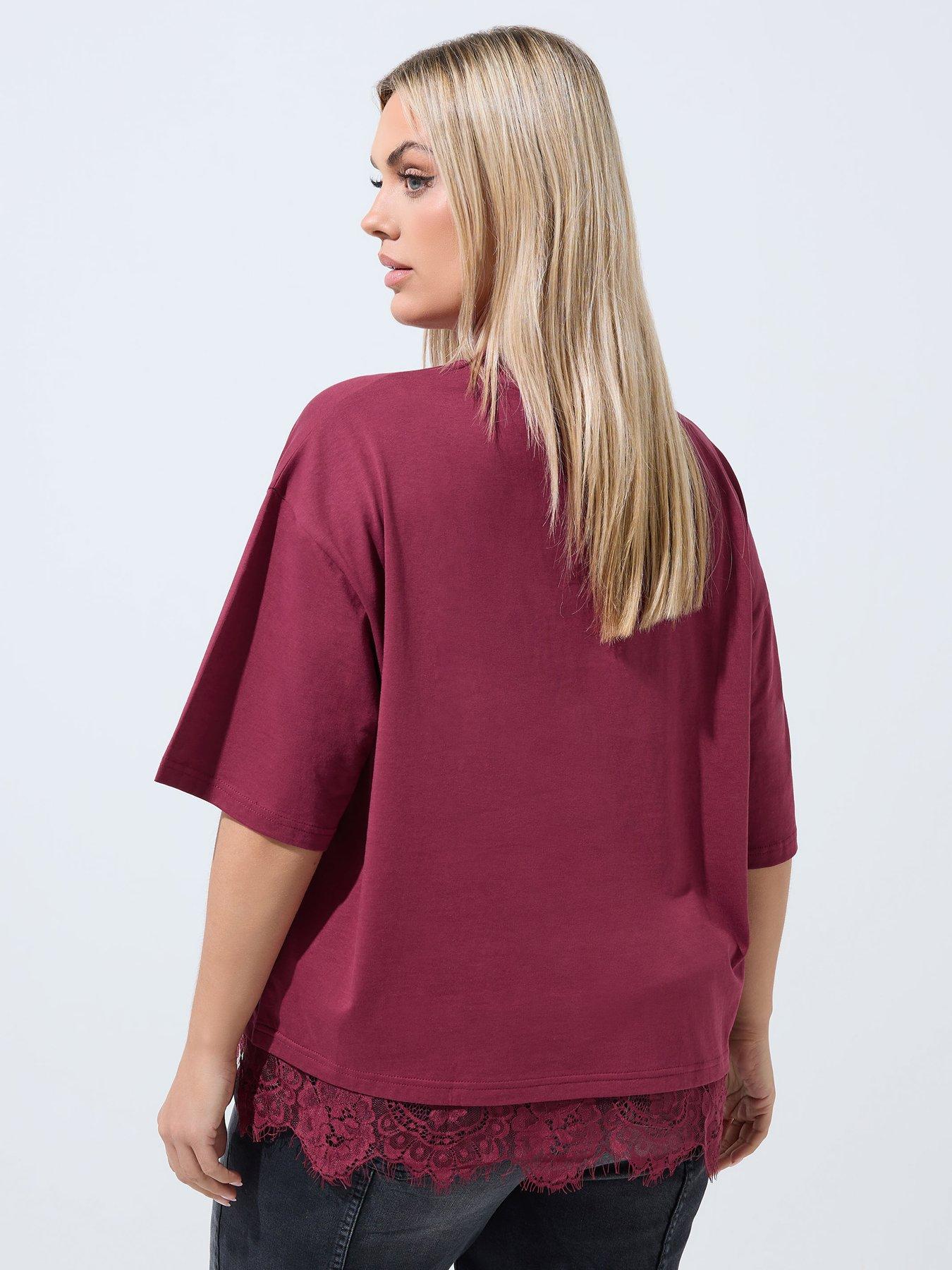 Image 2 of 4 of Yours LIMITED COLLECTION Curve Oversized Lace Hem T-Shirt - Burgundy Red