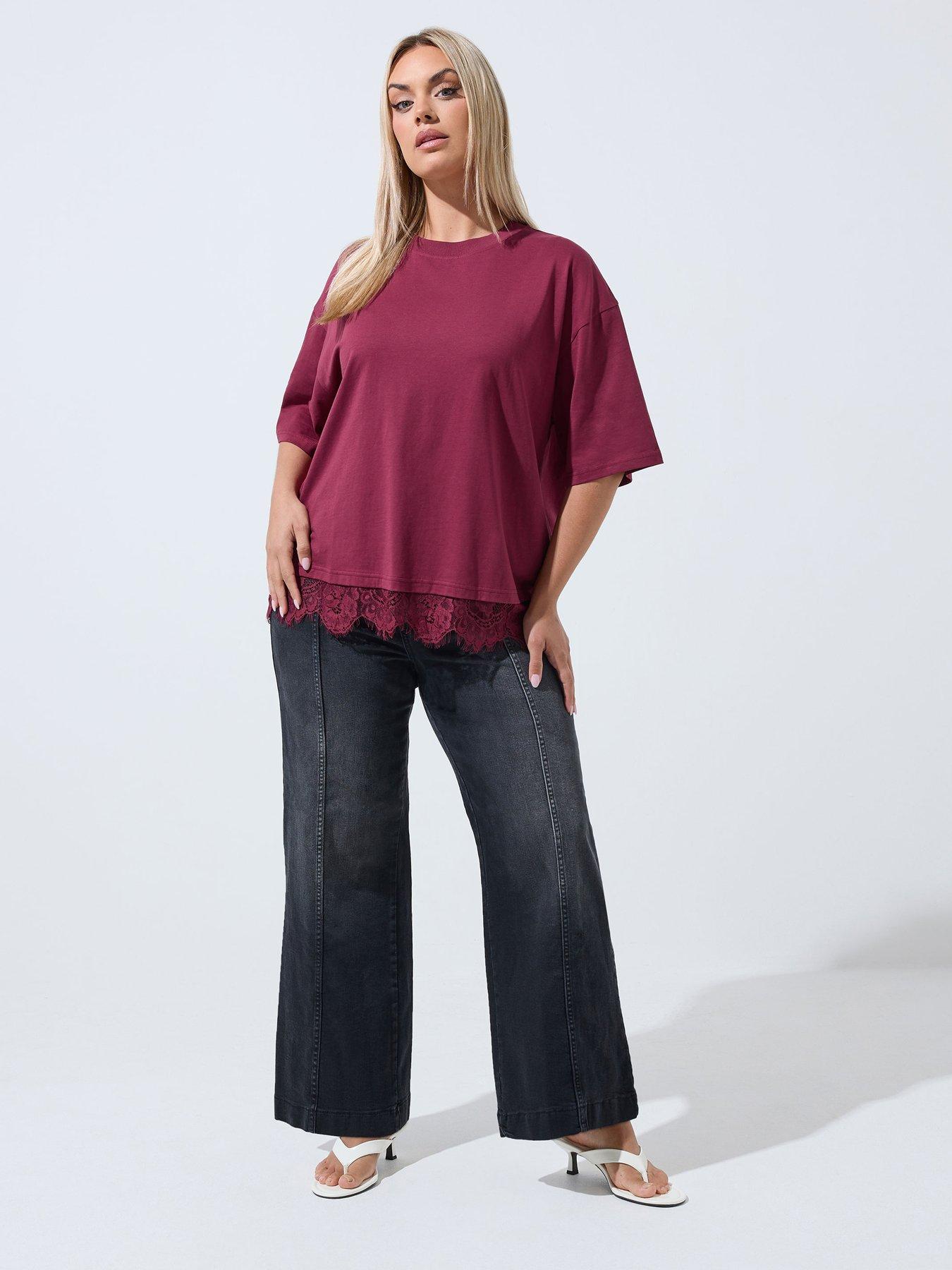 Image 3 of 4 of Yours LIMITED COLLECTION Curve Oversized Lace Hem T-Shirt - Burgundy Red