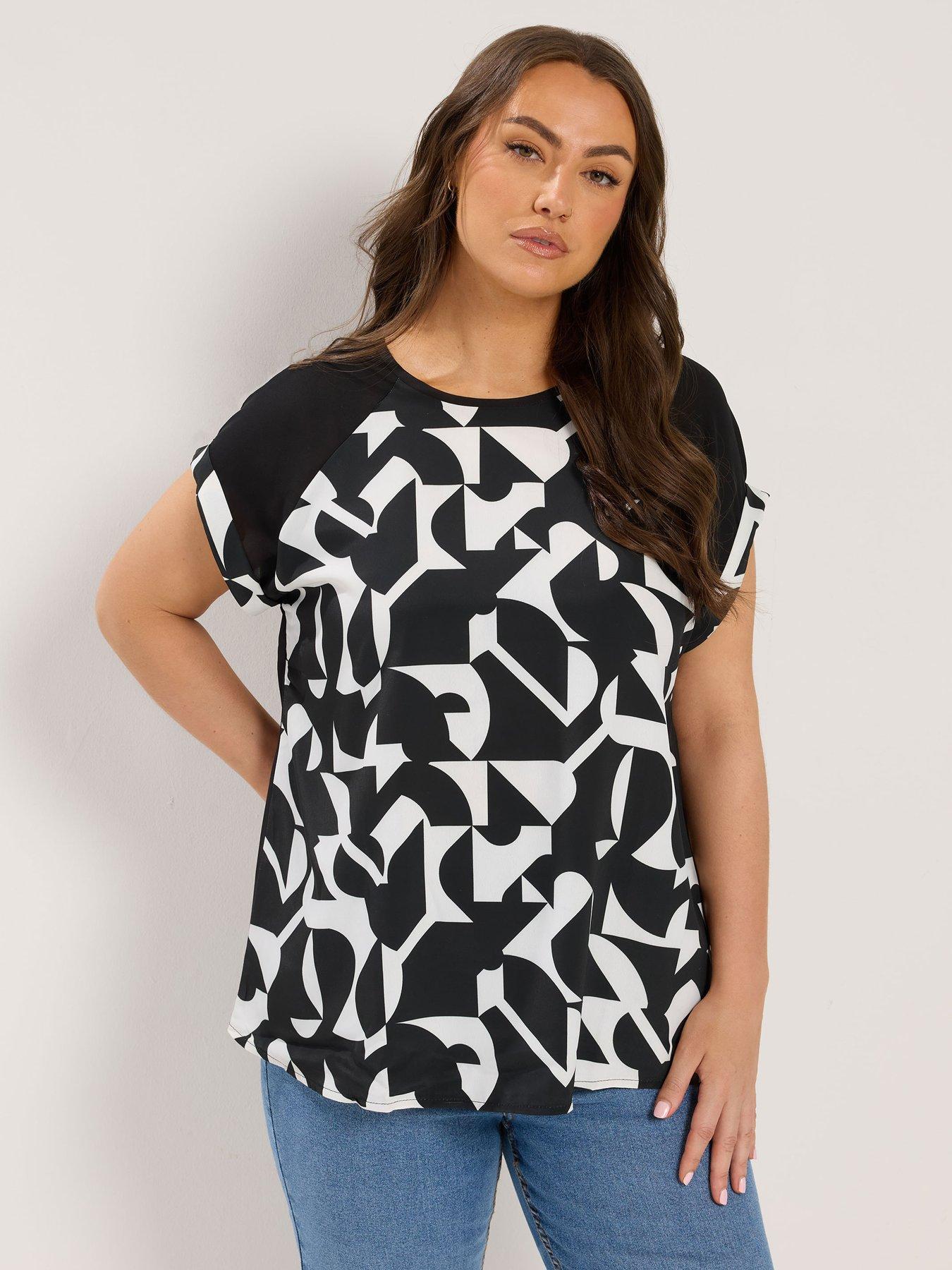 Yours Curve Abstract Contrast Sleeve Top - Black