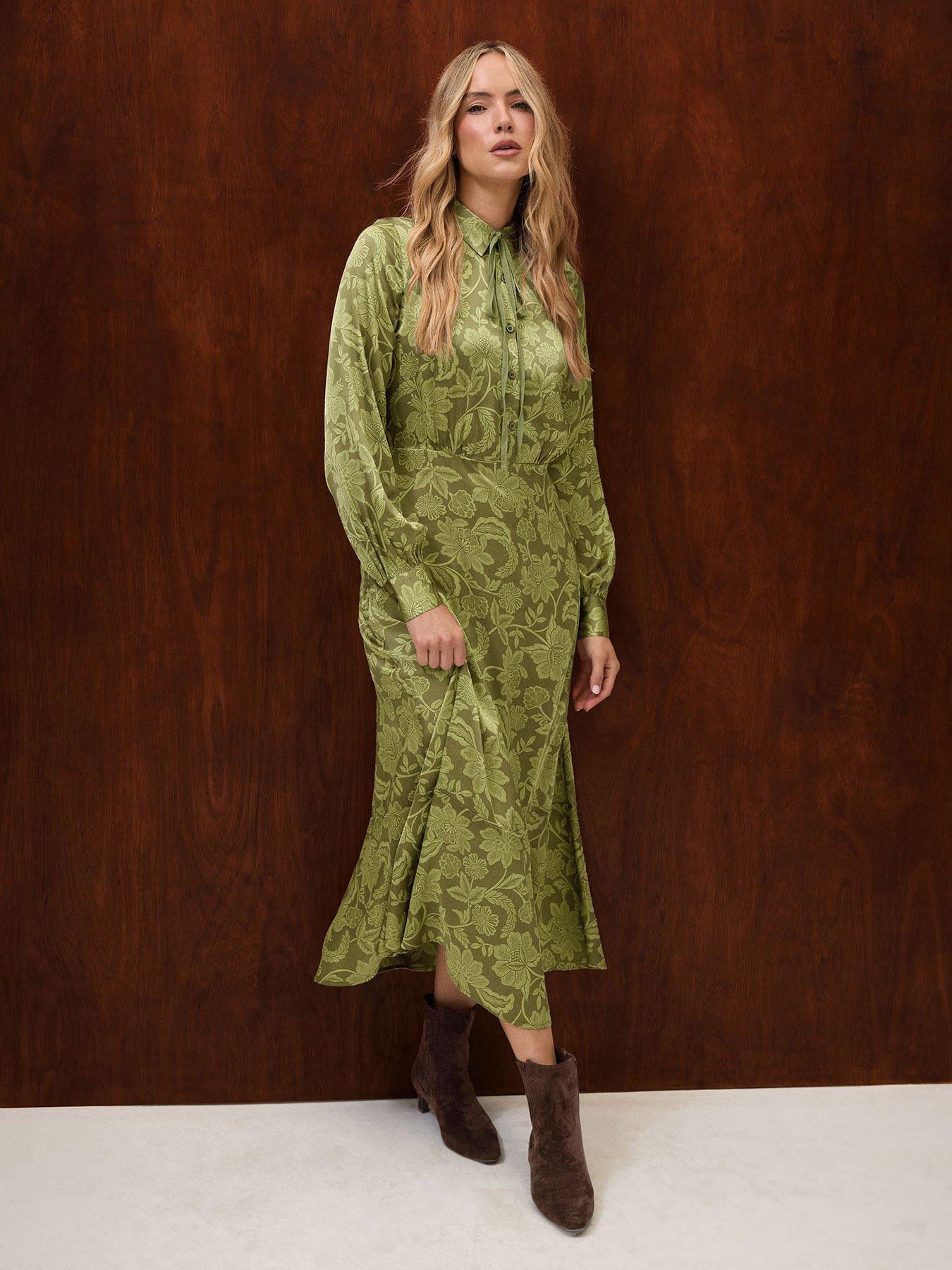 Image 1 of 4 of Long Tall Sally Long Tall Sally Womens Tall Satin Tie-Neck Maxi Dress - Green