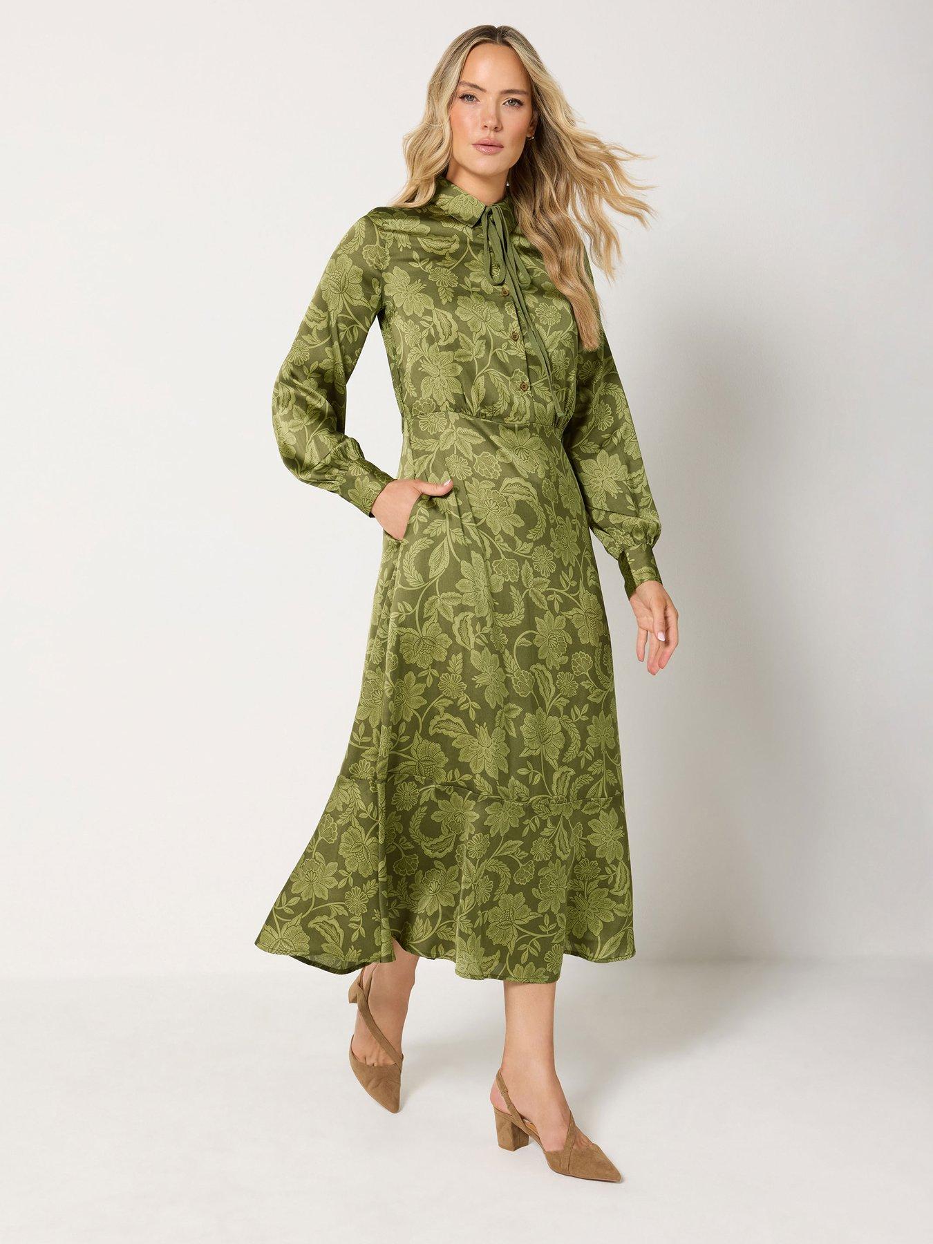 Image 3 of 4 of Long Tall Sally Long Tall Sally Womens Tall Satin Tie-Neck Maxi Dress - Green