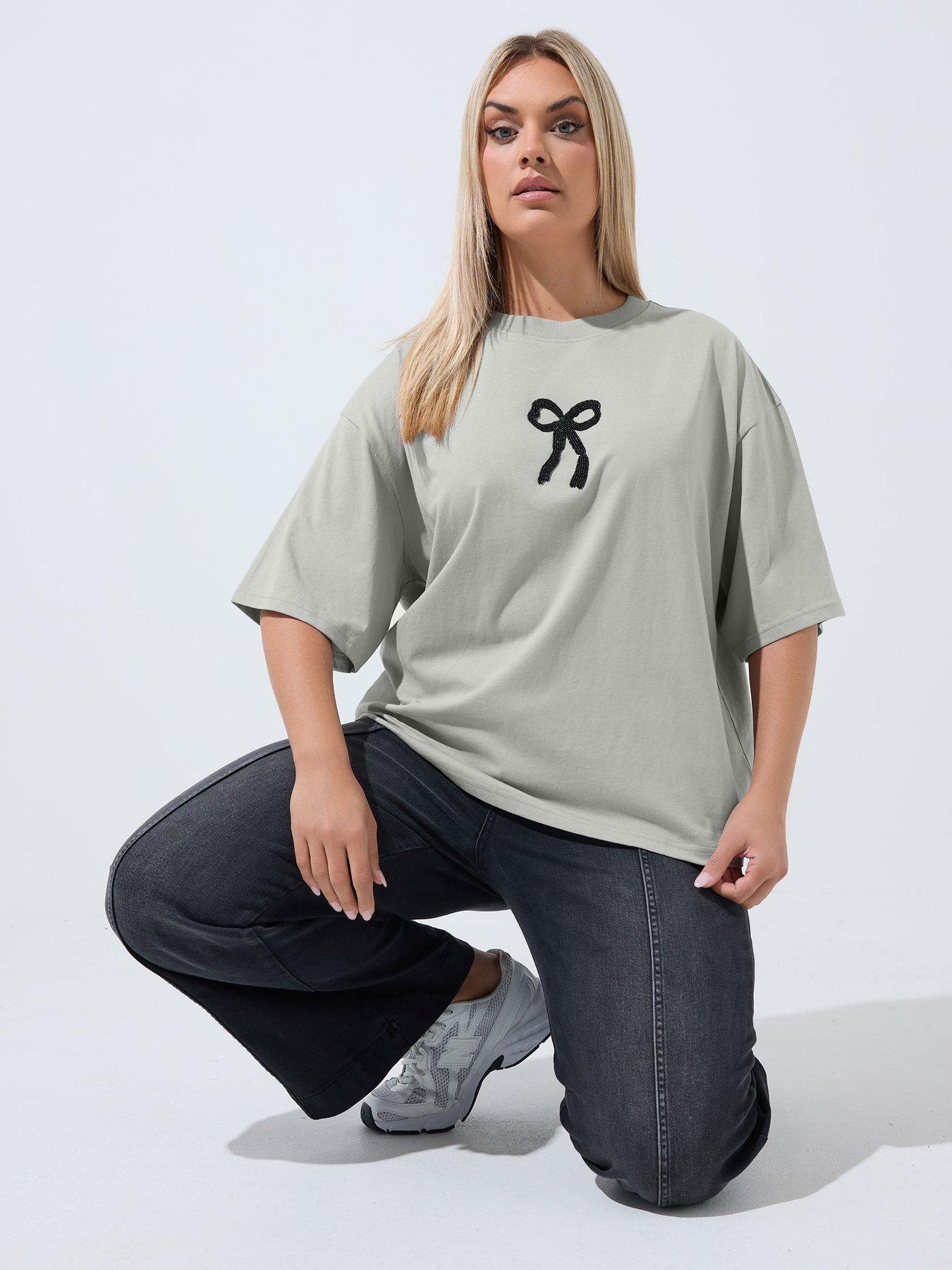 Image 1 of 4 of Yours Curve Bow Beaded Top - Grey