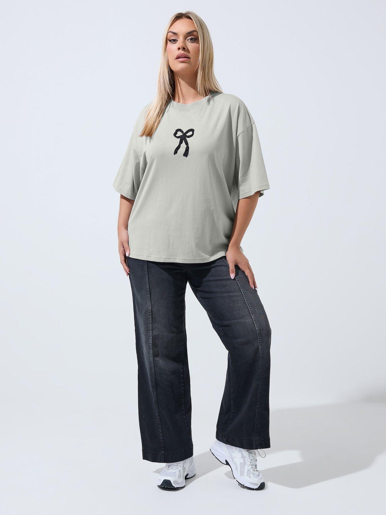 Image 3 of 4 of Yours Curve Bow Beaded Top - Grey