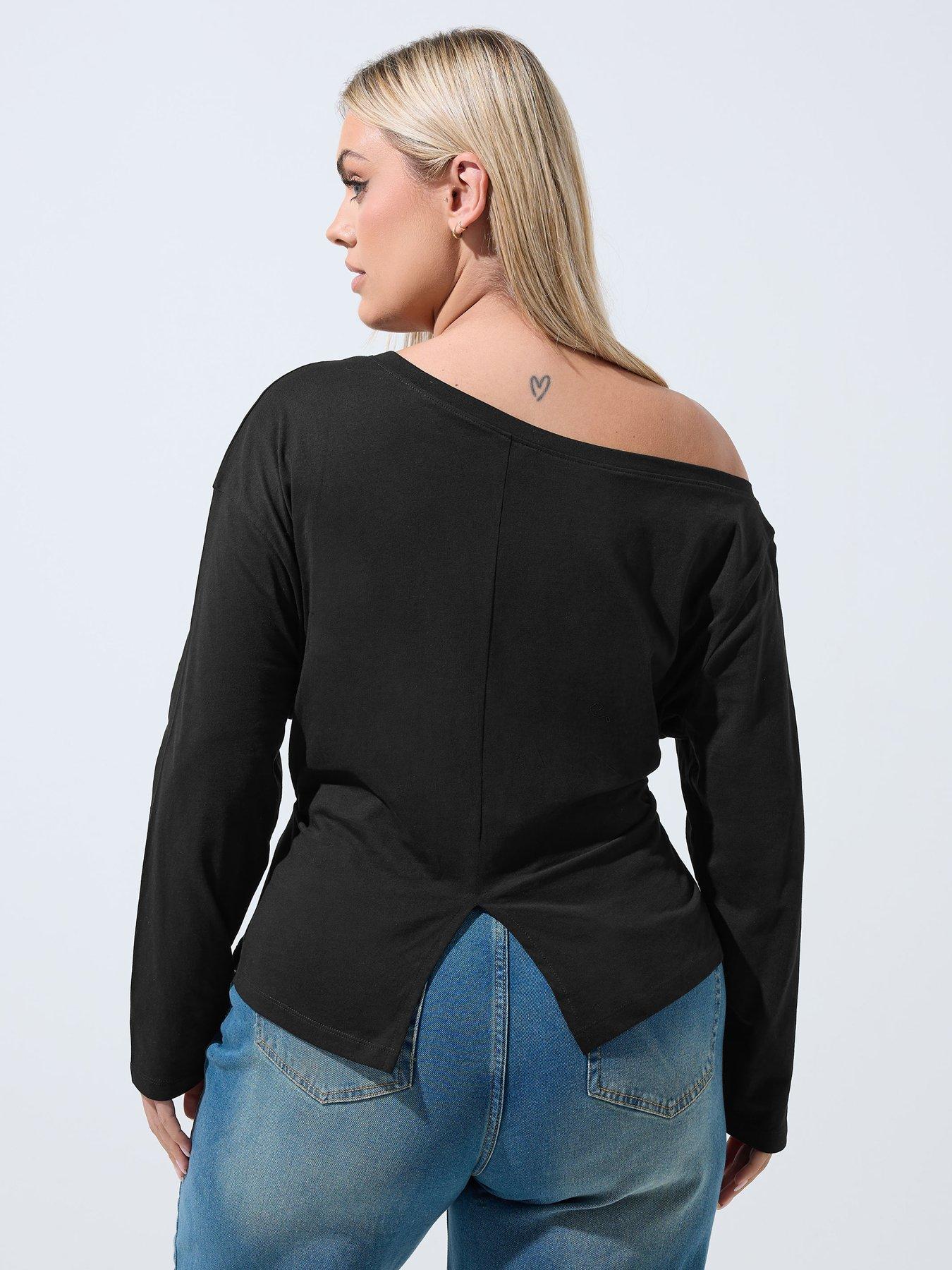 Image 2 of 4 of Yours Curve Off Shoulder Corset Long Sleeve Top - Black