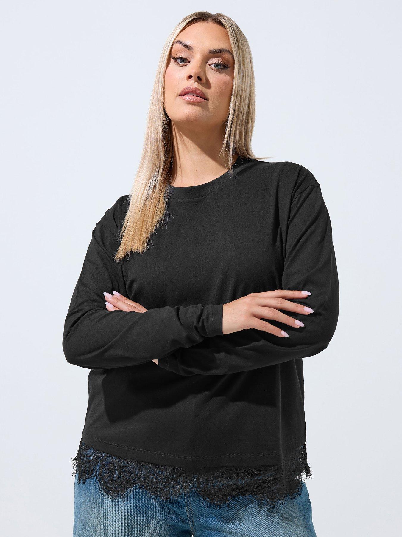 Image 1 of 4 of Yours Curve Long Sleeve Lace Hem Top - Black