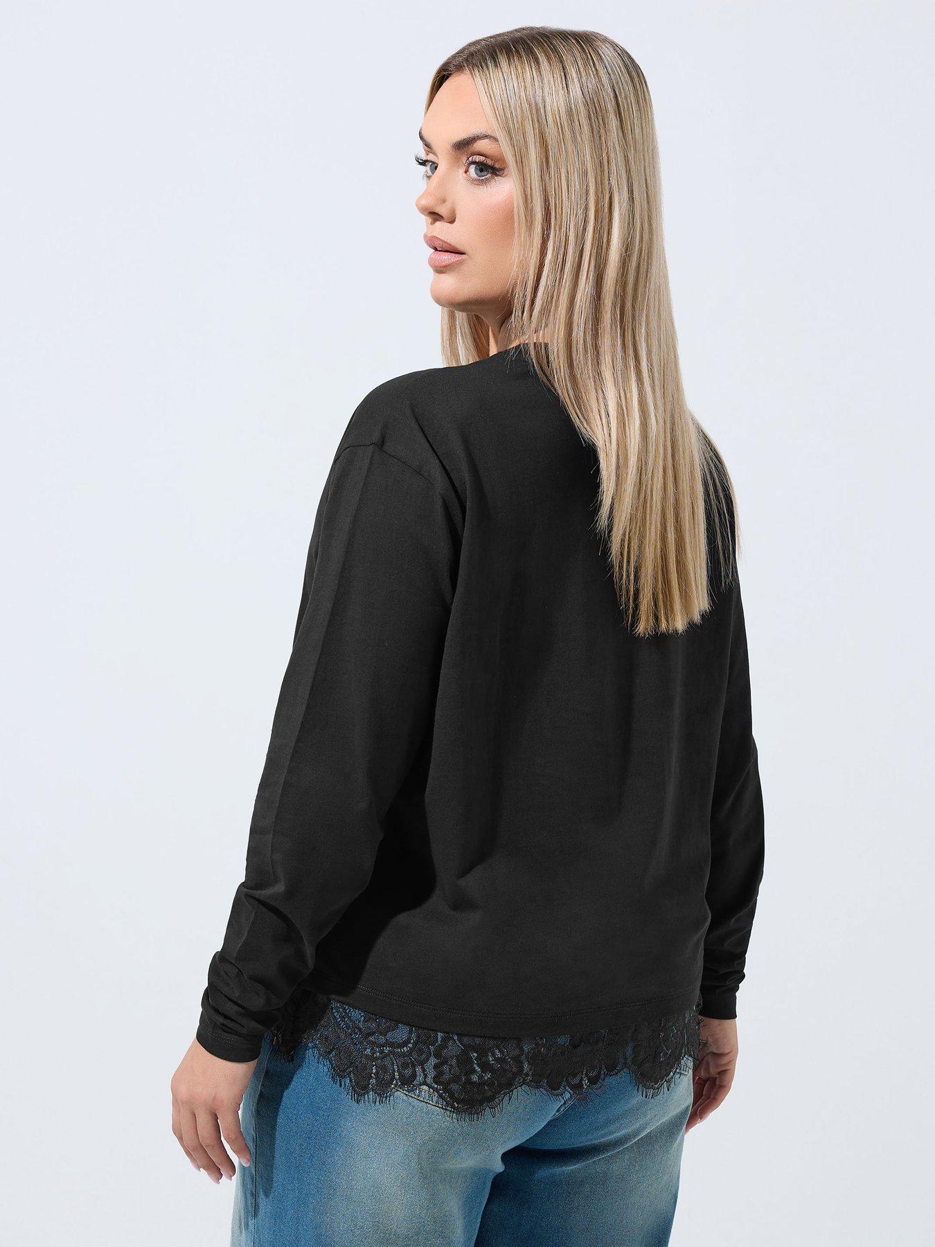 Image 2 of 4 of Yours Curve Long Sleeve Lace Hem Top - Black