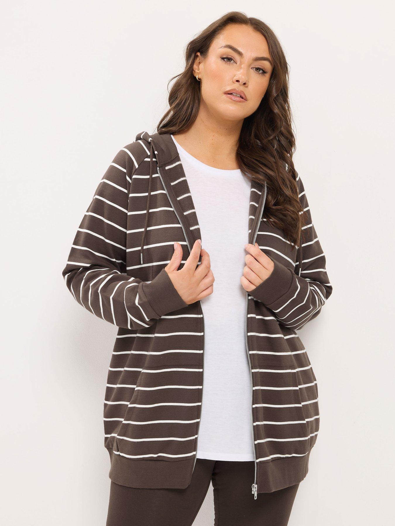Image 1 of 4 of Yours Womens Curve Zip-Through Striped Raglan Hoodie - Brown
