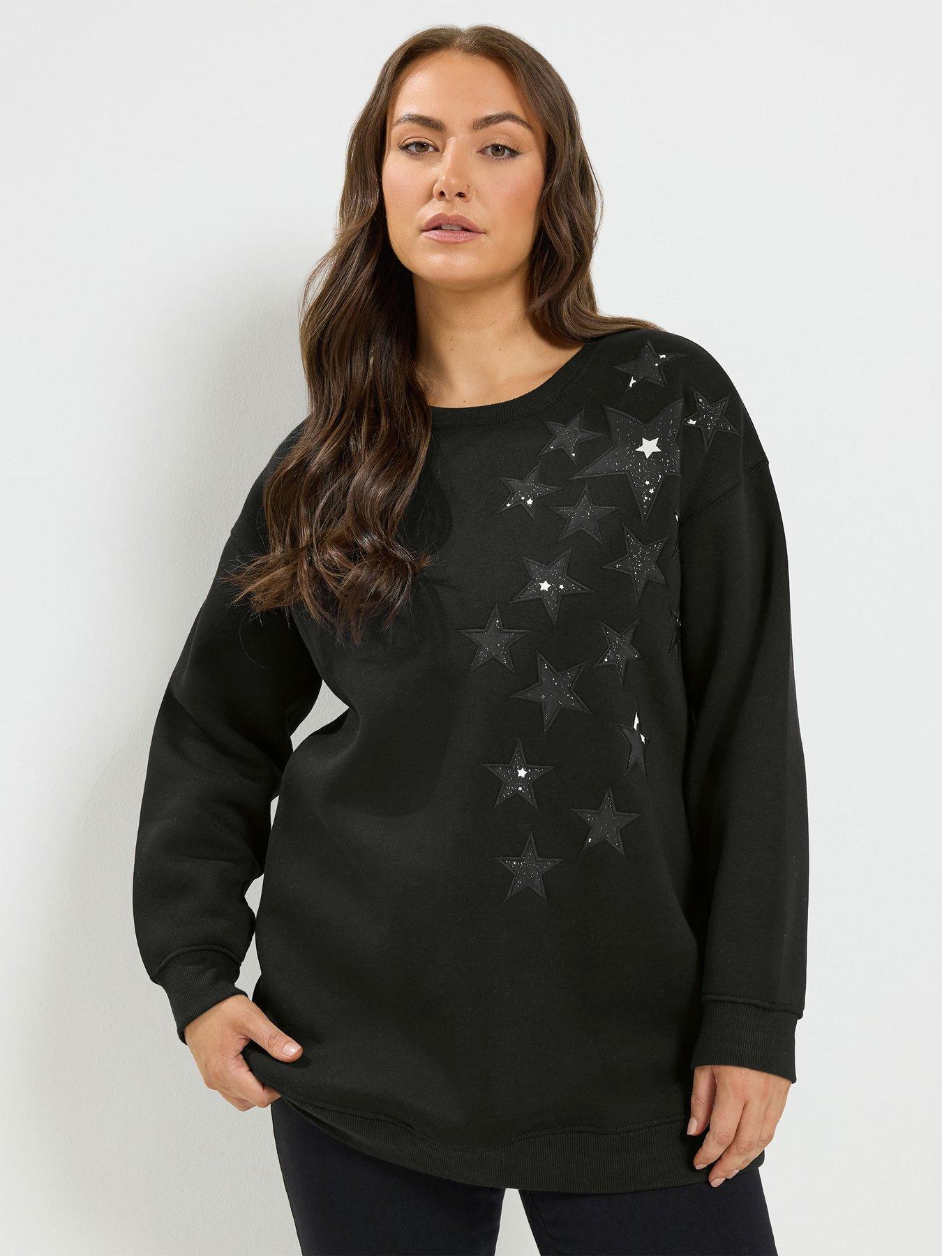 Yours Curve Star Detail Long Sleeve Sweatshirt - Black