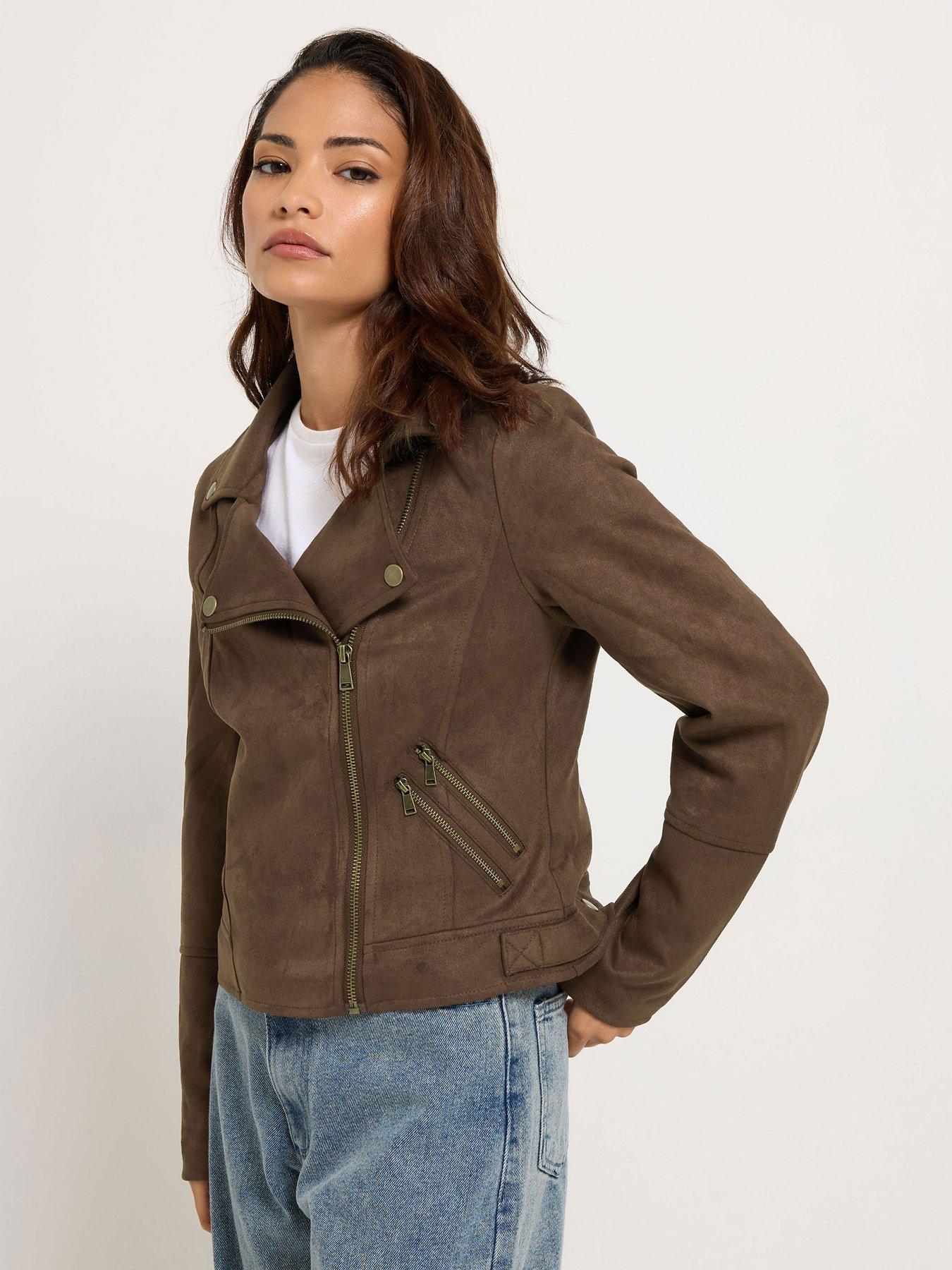 Image 1 of 3 of PixieGirl Petite Suedette Biker Jacket - Brown