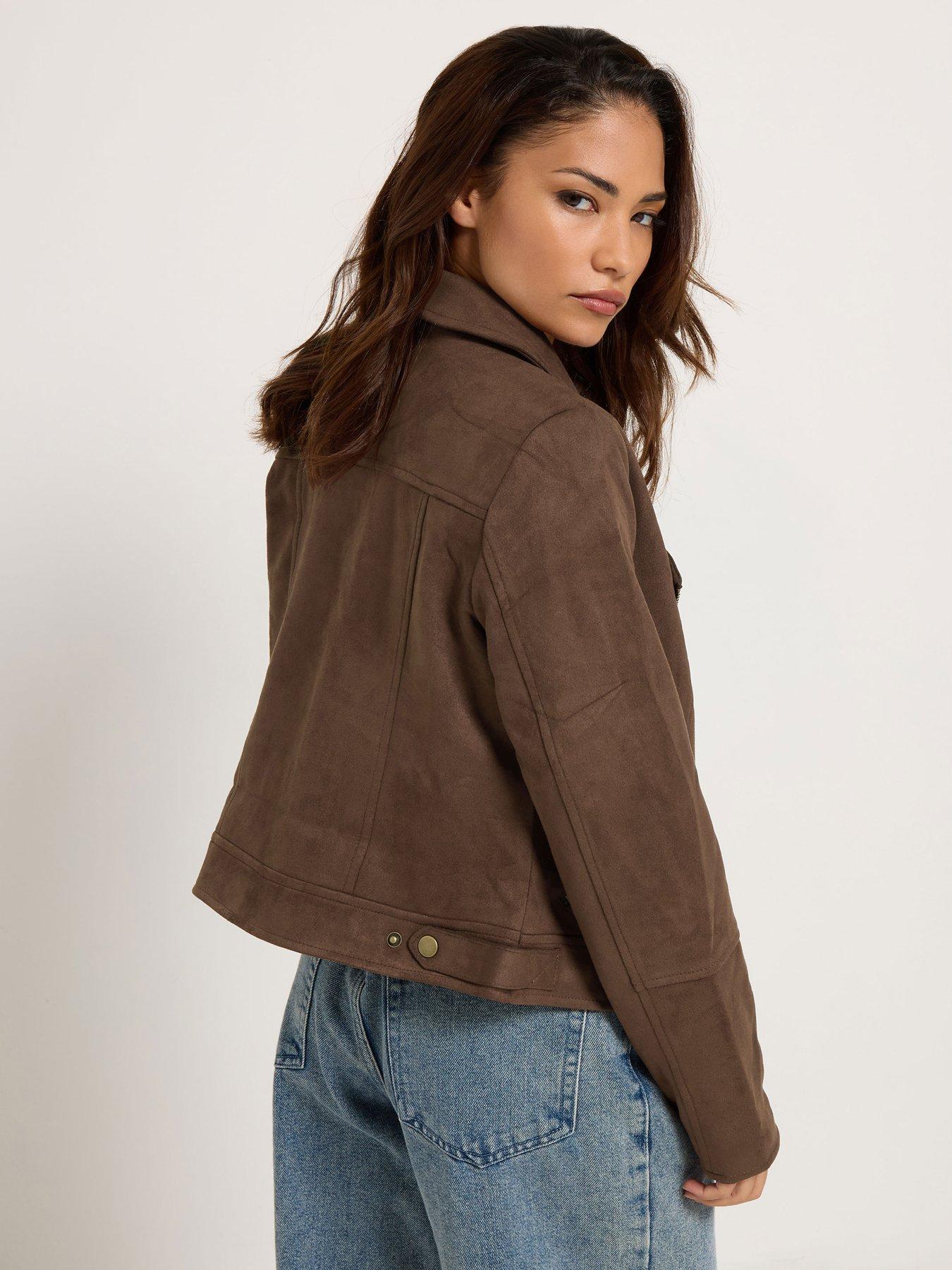 Image 2 of 3 of PixieGirl Petite Suedette Biker Jacket - Brown