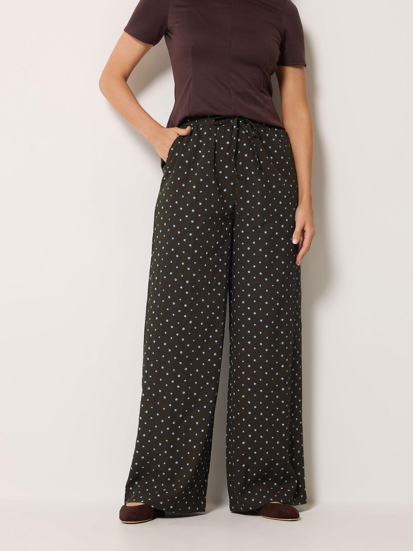 Image 1 of 4 of Long Tall Sally LTS Tall Polka Dot Wide Leg Trousers - Brown &amp; Blue