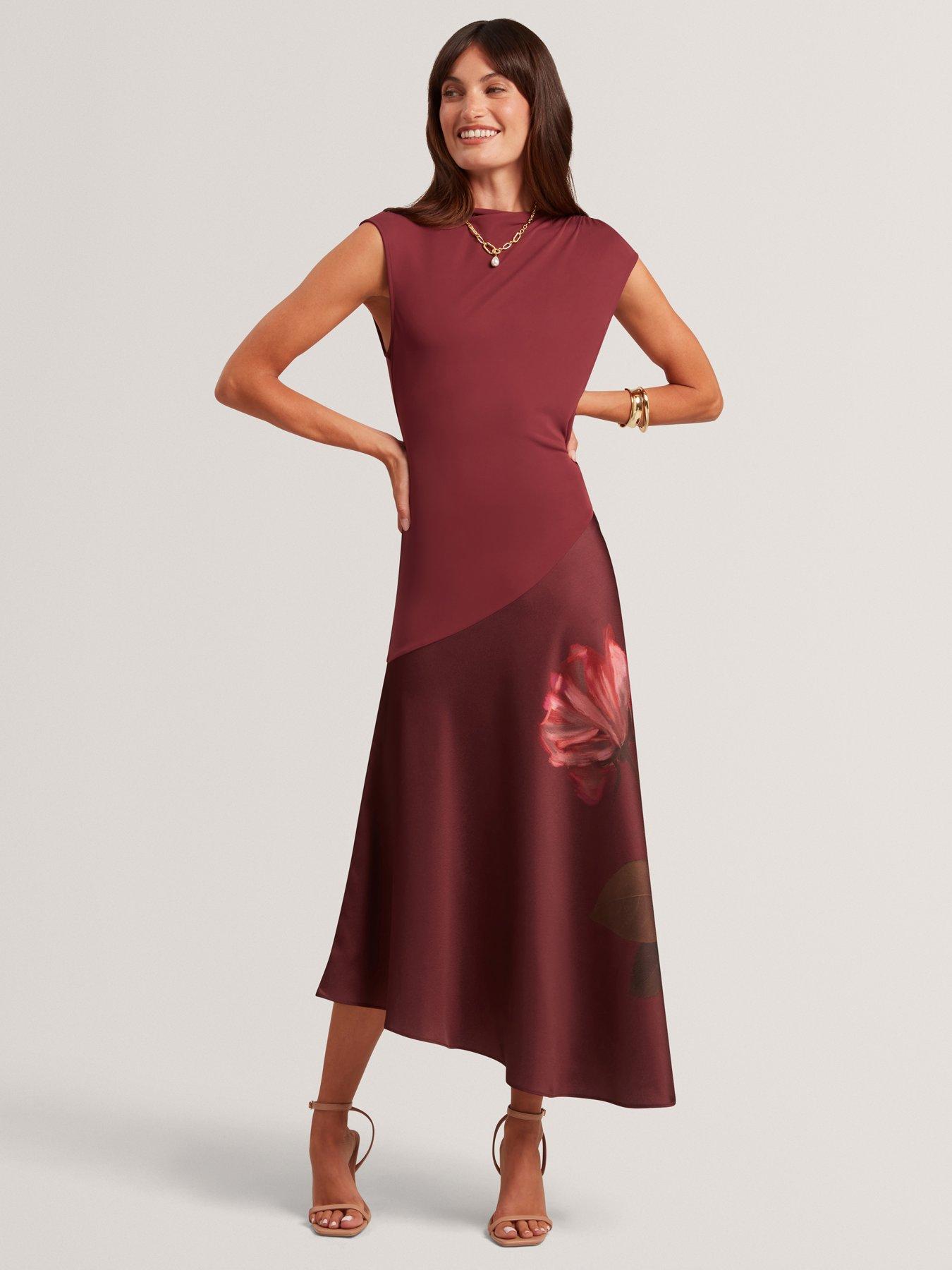 Ted Baker Printed Midi Dress with Satin Skirt - Dark Red