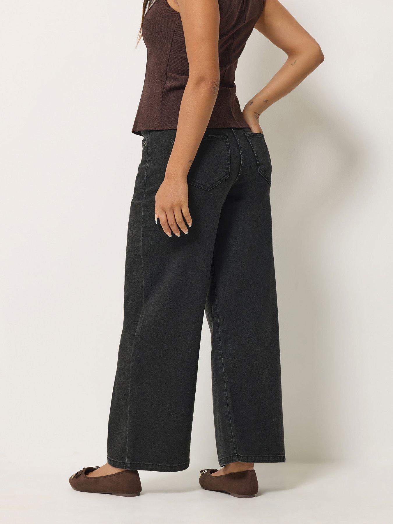 Image 2 of 4 of PixieGirl Womens Petite Stretch Mid-Rise Wide Leg Jeans - Black