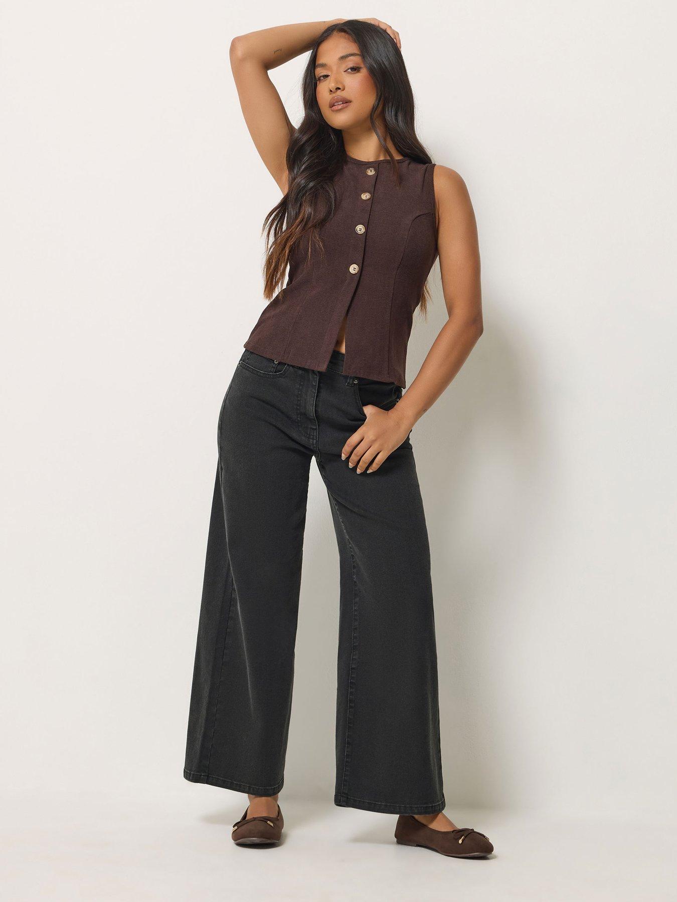 Image 3 of 4 of PixieGirl Womens Petite Stretch Mid-Rise Wide Leg Jeans - Black