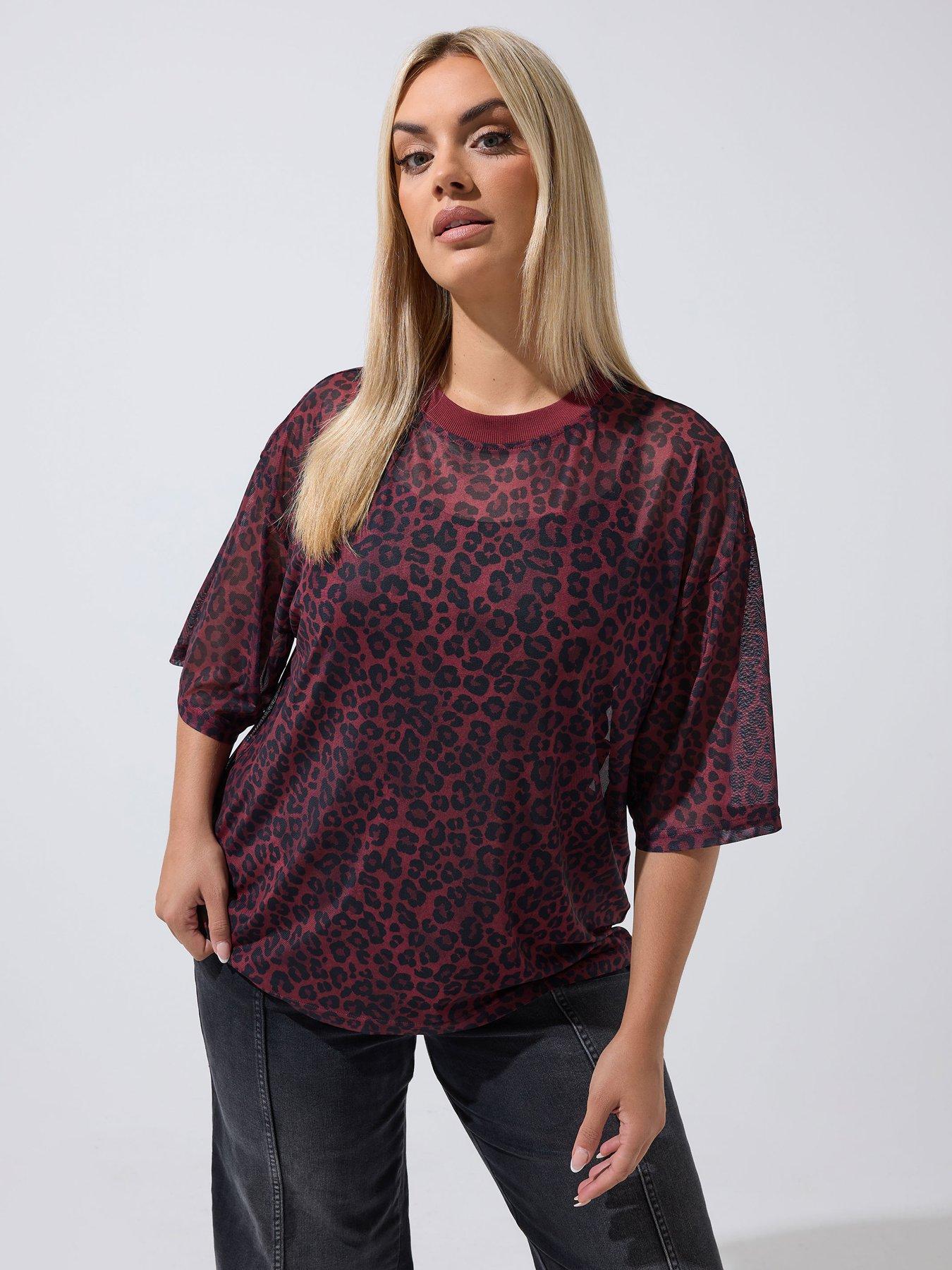 Image 1 of 4 of Yours Womens Curve Leopard Mesh Boxy T-Shirt - Red