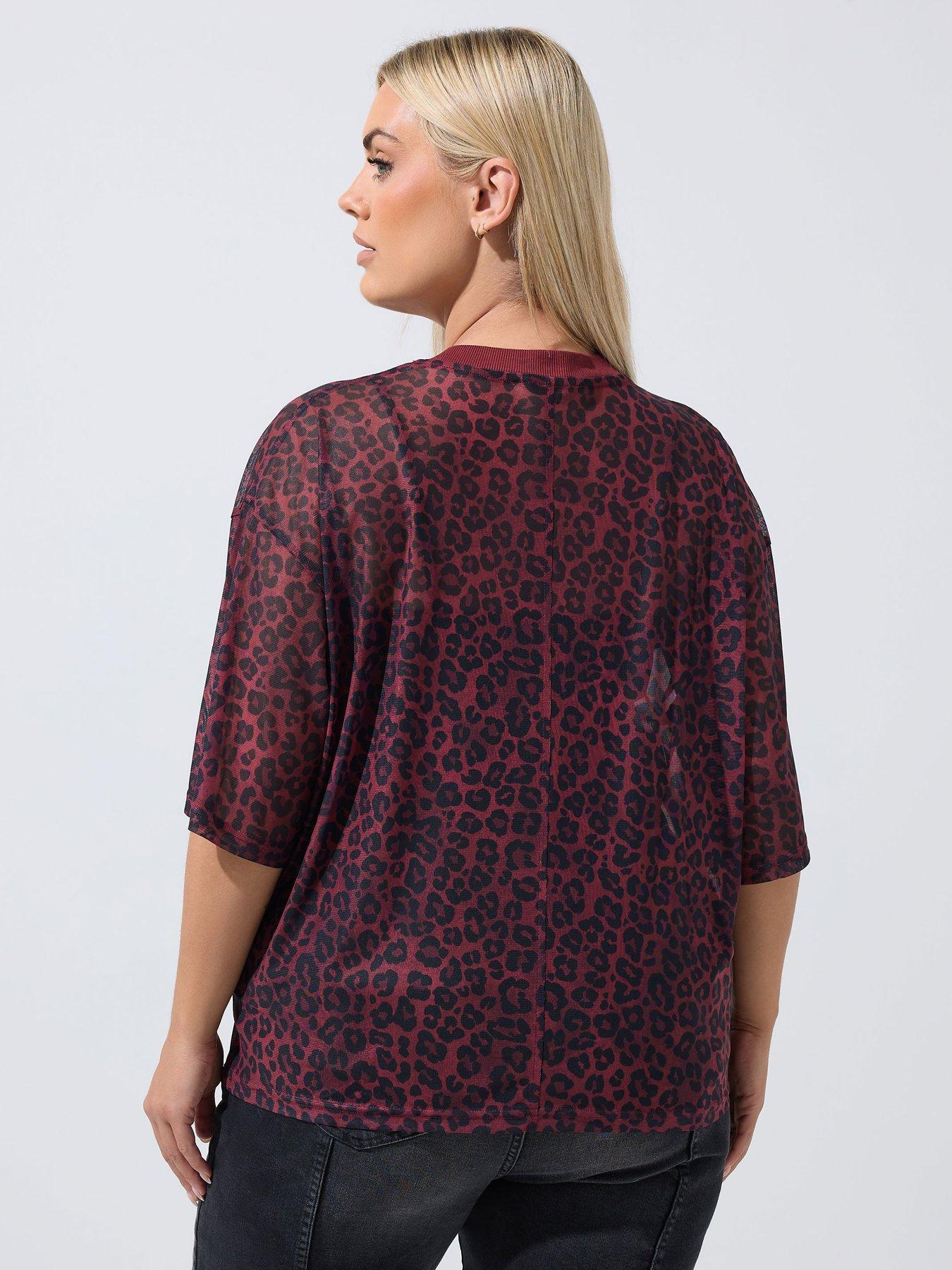 Image 2 of 4 of Yours Womens Curve Leopard Mesh Boxy T-Shirt - Red