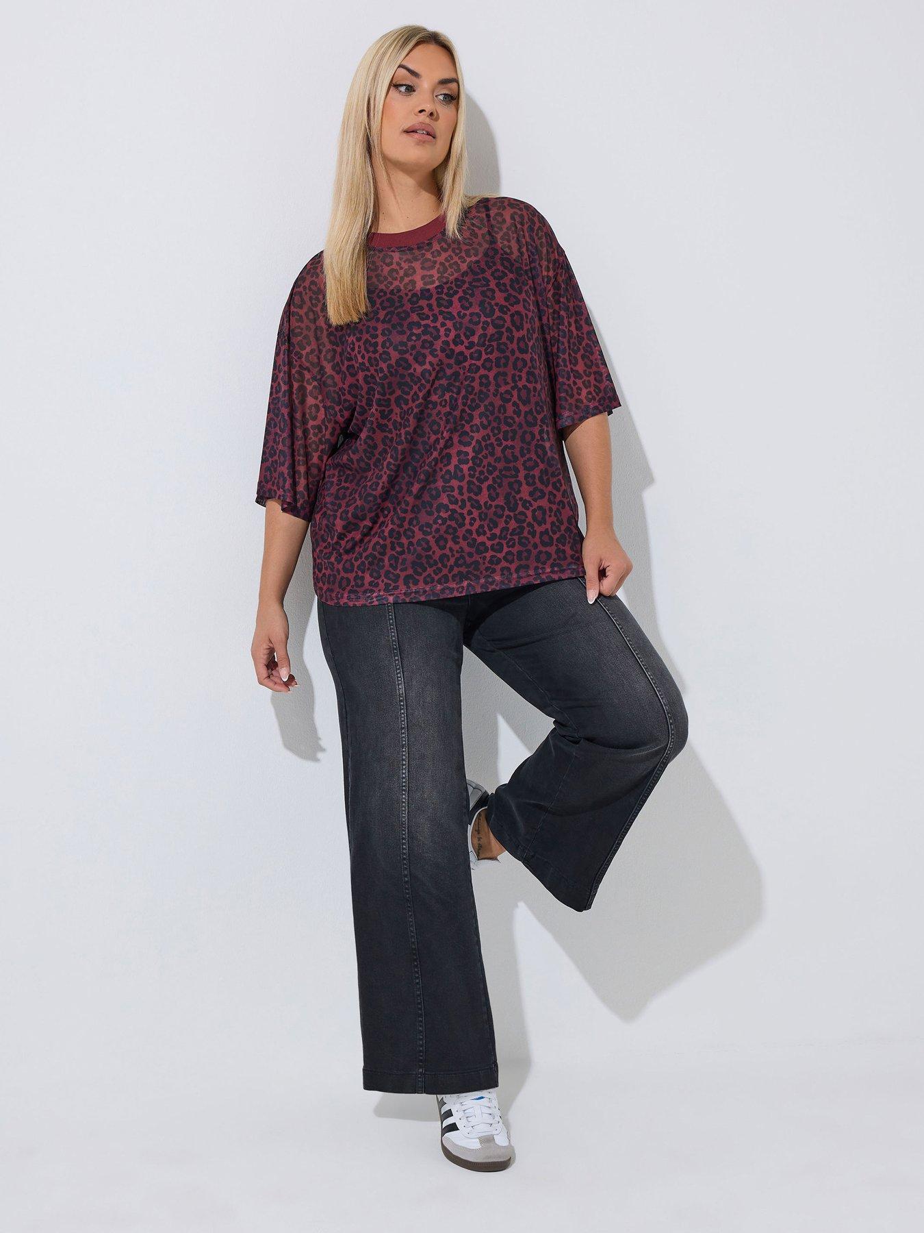 Image 3 of 4 of Yours Womens Curve Leopard Mesh Boxy T-Shirt - Red