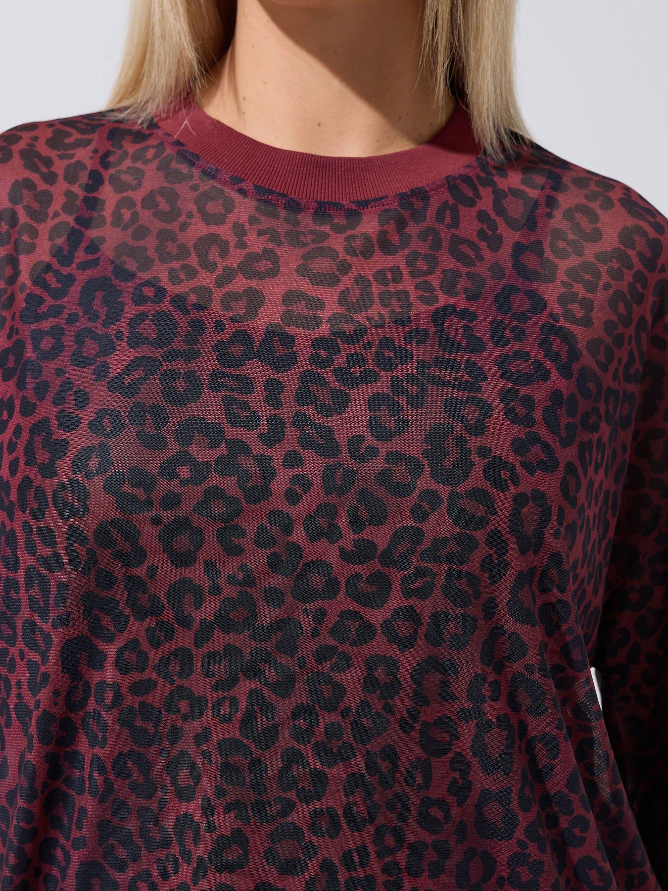 Image 4 of 4 of Yours Womens Curve Leopard Mesh Boxy T-Shirt - Red