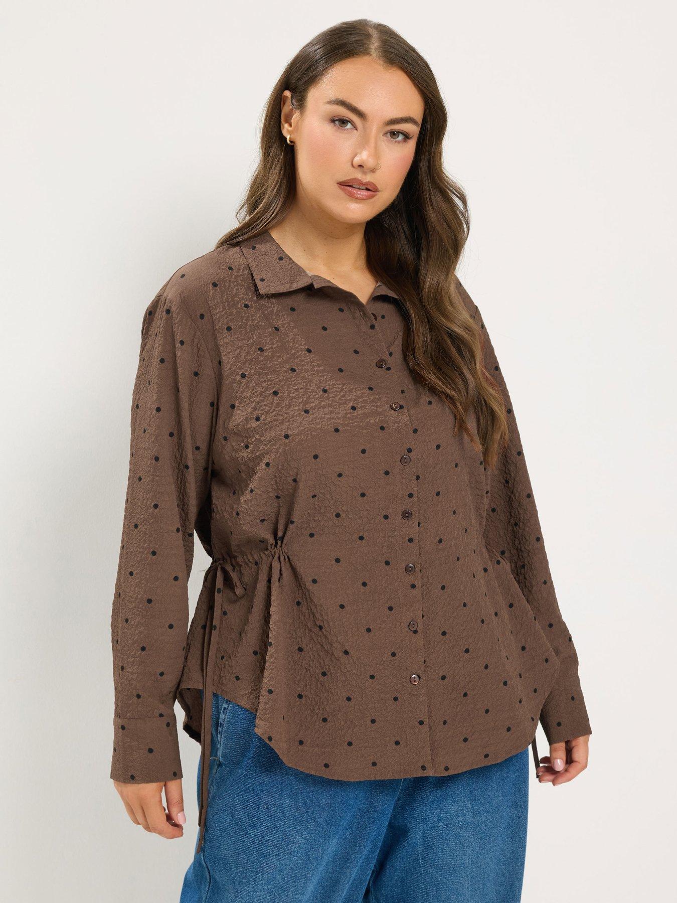 Yours Curve Polka Textured Side Ruched Shirt - Brown
