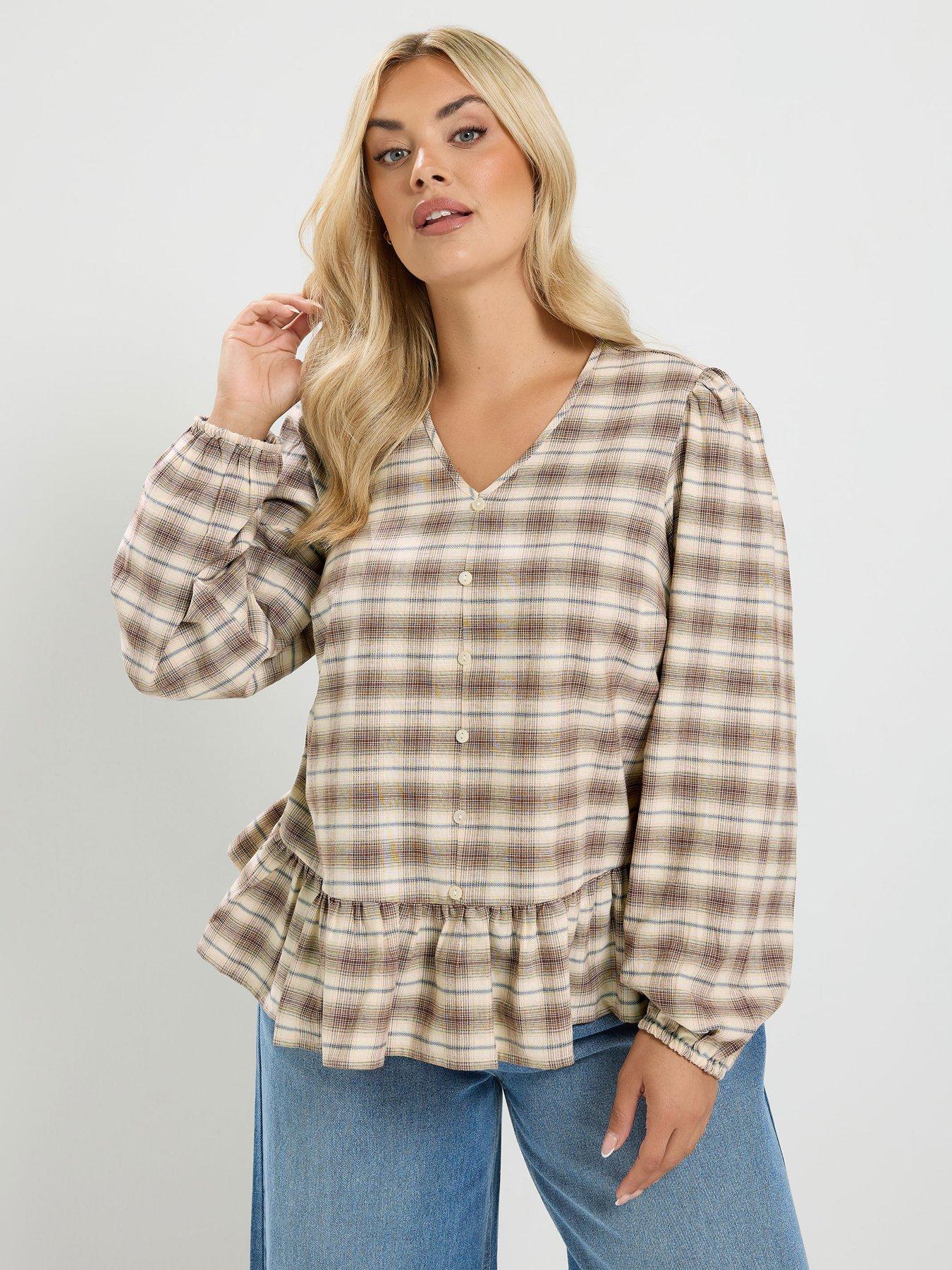 Image 1 of 4 of Yours Curve Check V Neck Peplum Top - Brown