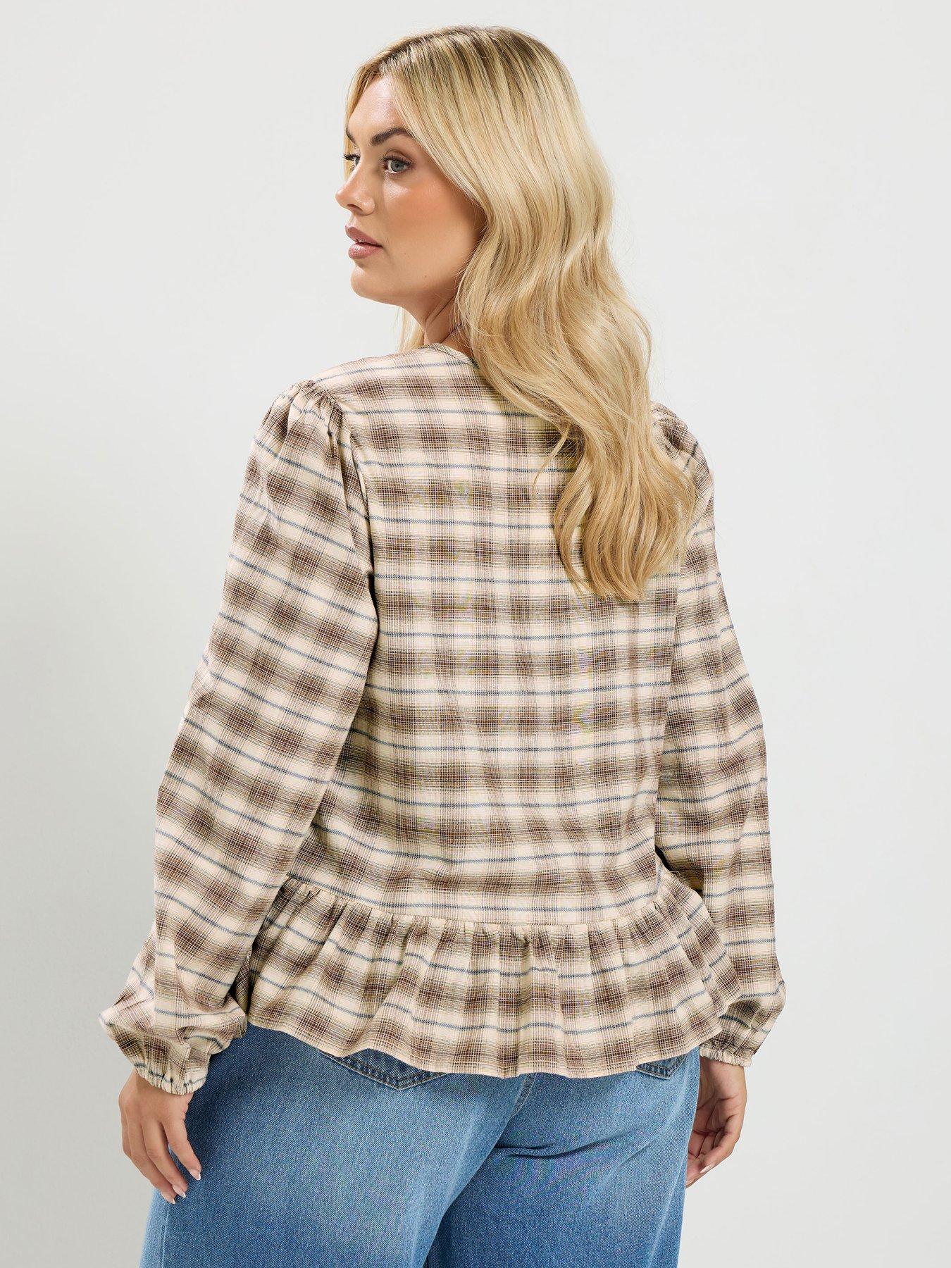 Image 2 of 4 of Yours Curve Check V Neck Peplum Top - Brown