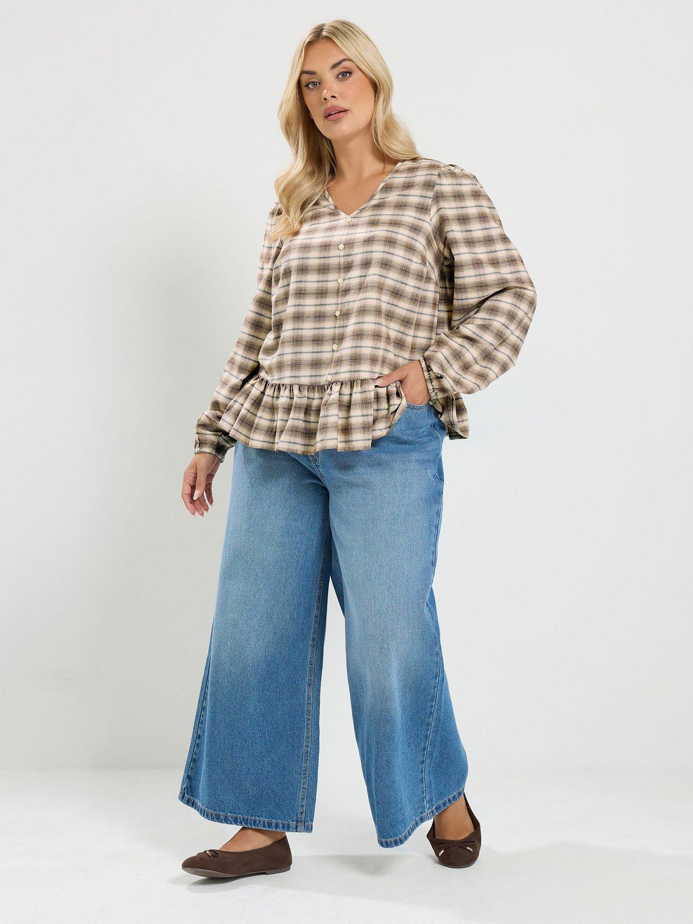 Image 3 of 4 of Yours Curve Check V Neck Peplum Top - Brown