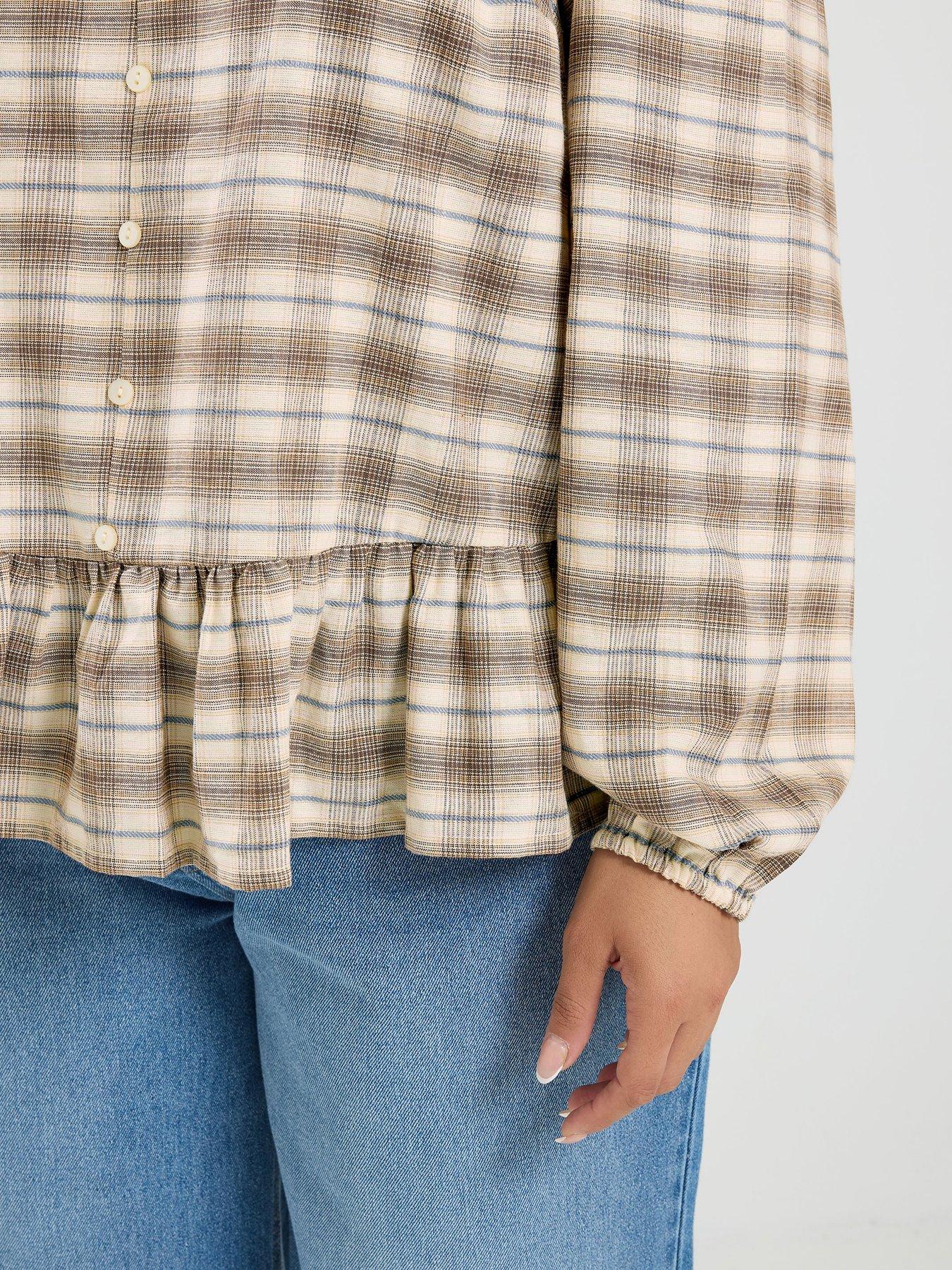 Image 4 of 4 of Yours Curve Check V Neck Peplum Top - Brown