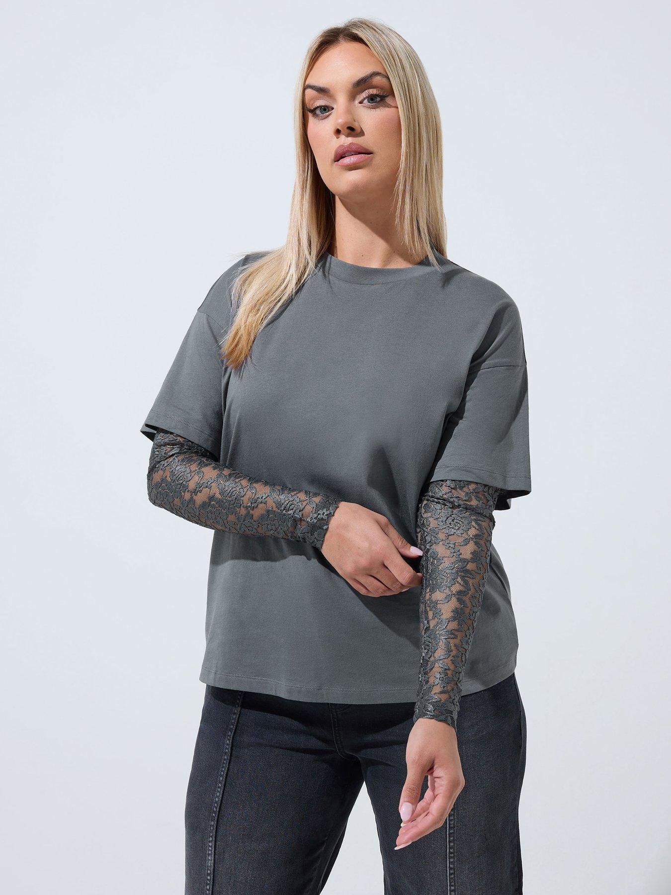 Yours Curve Lace Sleeve T-Shirt - Grey