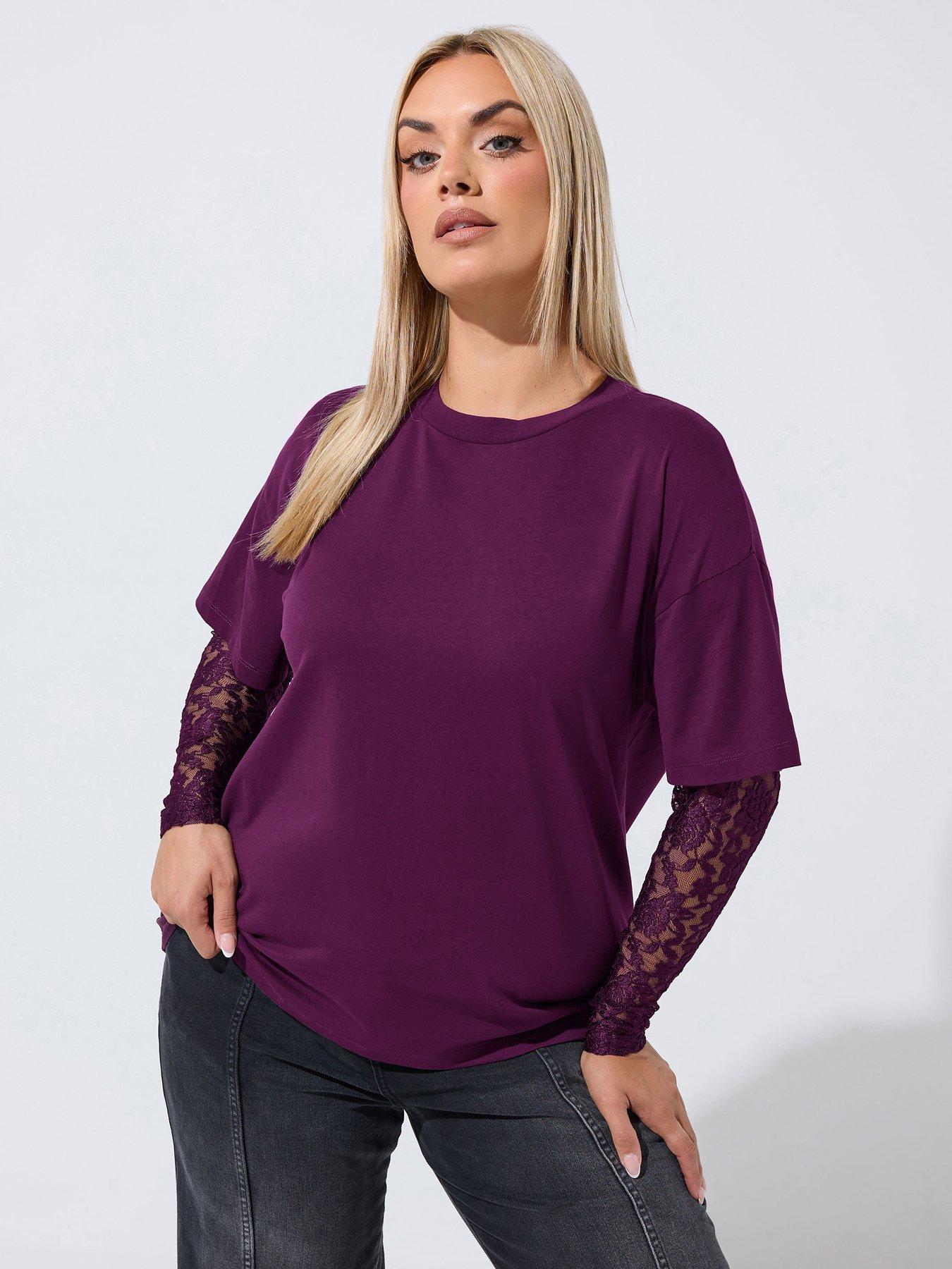 Yours Curve Lace Sleeve T-Shirt - Purple